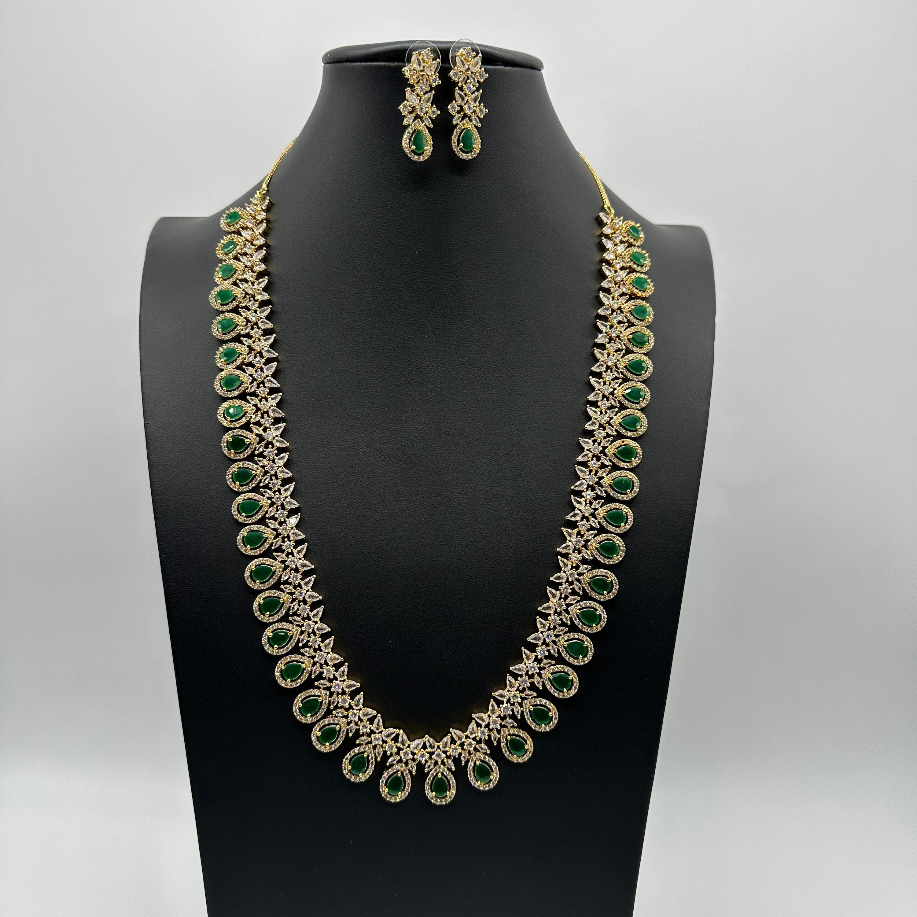 April Gold Emerald CZ long Necklace with Earrings / Long Indian Necklace/ Indian Jewelry/ Green Long Necklace/ Pakistani Jewelry