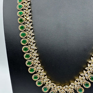 April Gold Emerald CZ long Necklace with Earrings / Long Indian Necklace/ Indian Jewelry/ Green Long Necklace/ Pakistani Jewelry