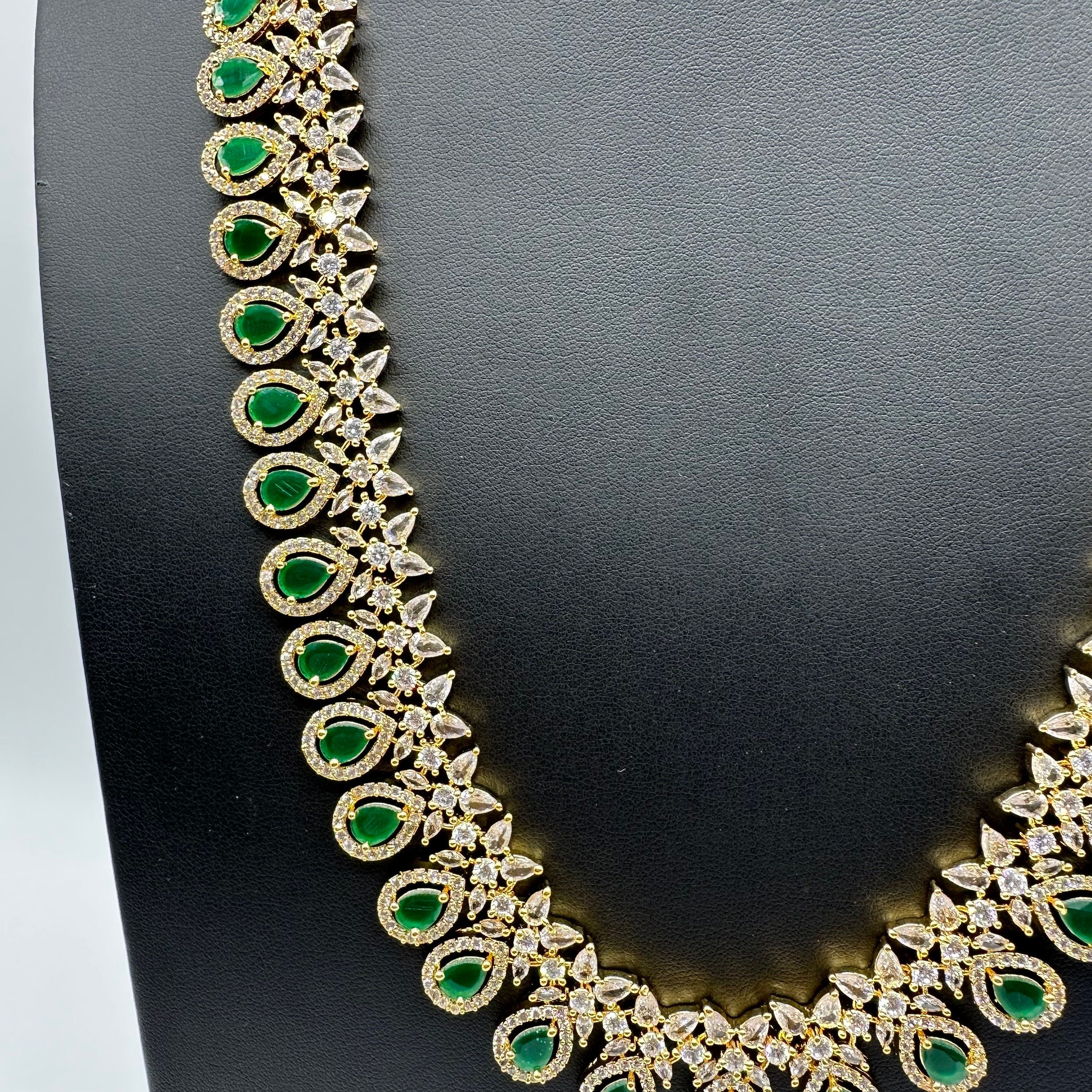April Gold Emerald CZ long Necklace with Earrings / Long Indian Necklace/ Indian Jewelry/ Green Long Necklace/ Pakistani Jewelry