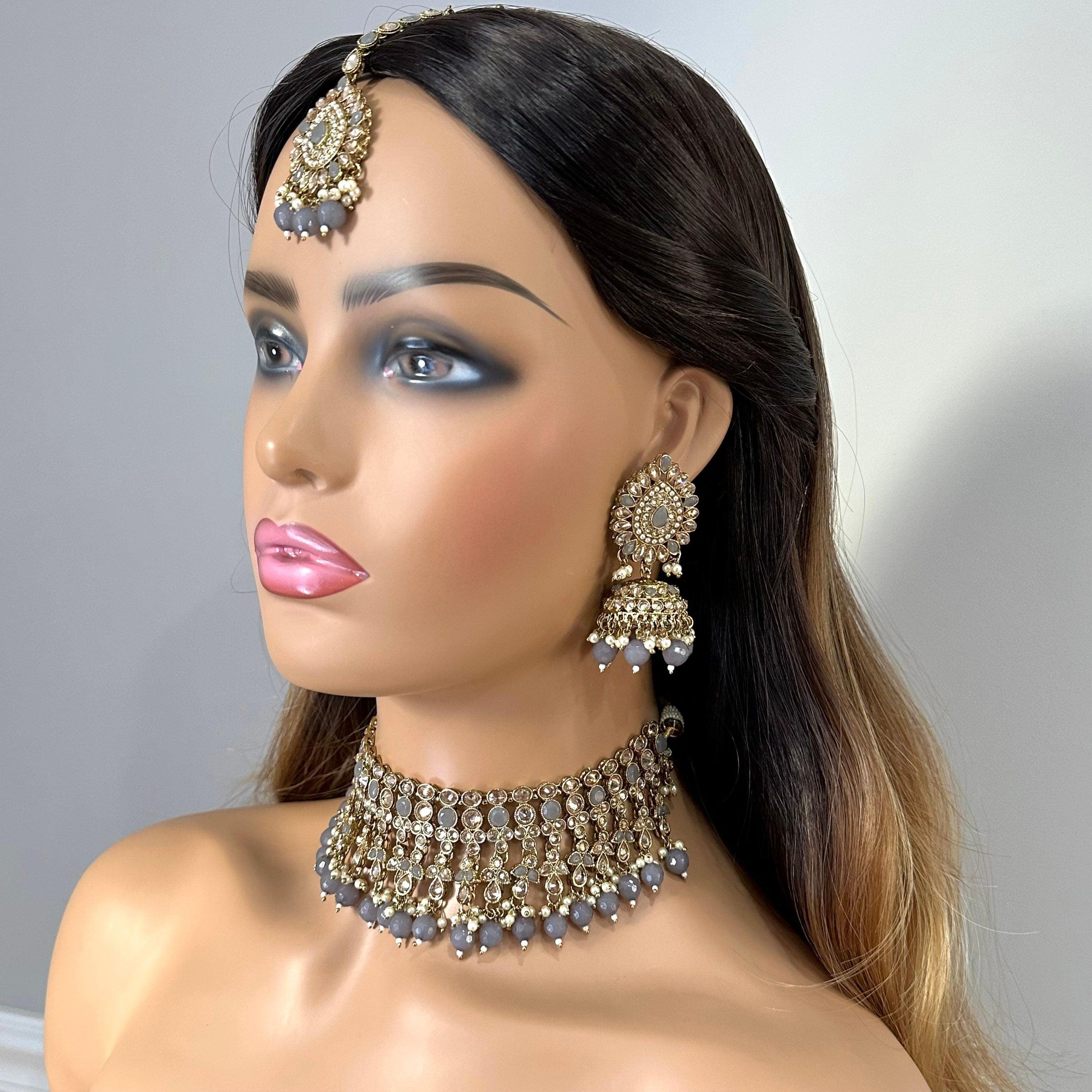 Gray Gold Polki Choker Set/ Indian Jewelry/ Punjabi Jewelry/ Pakistani jewelry/ Indian necklace/ Pakistani Choker/ Punjabi Choker