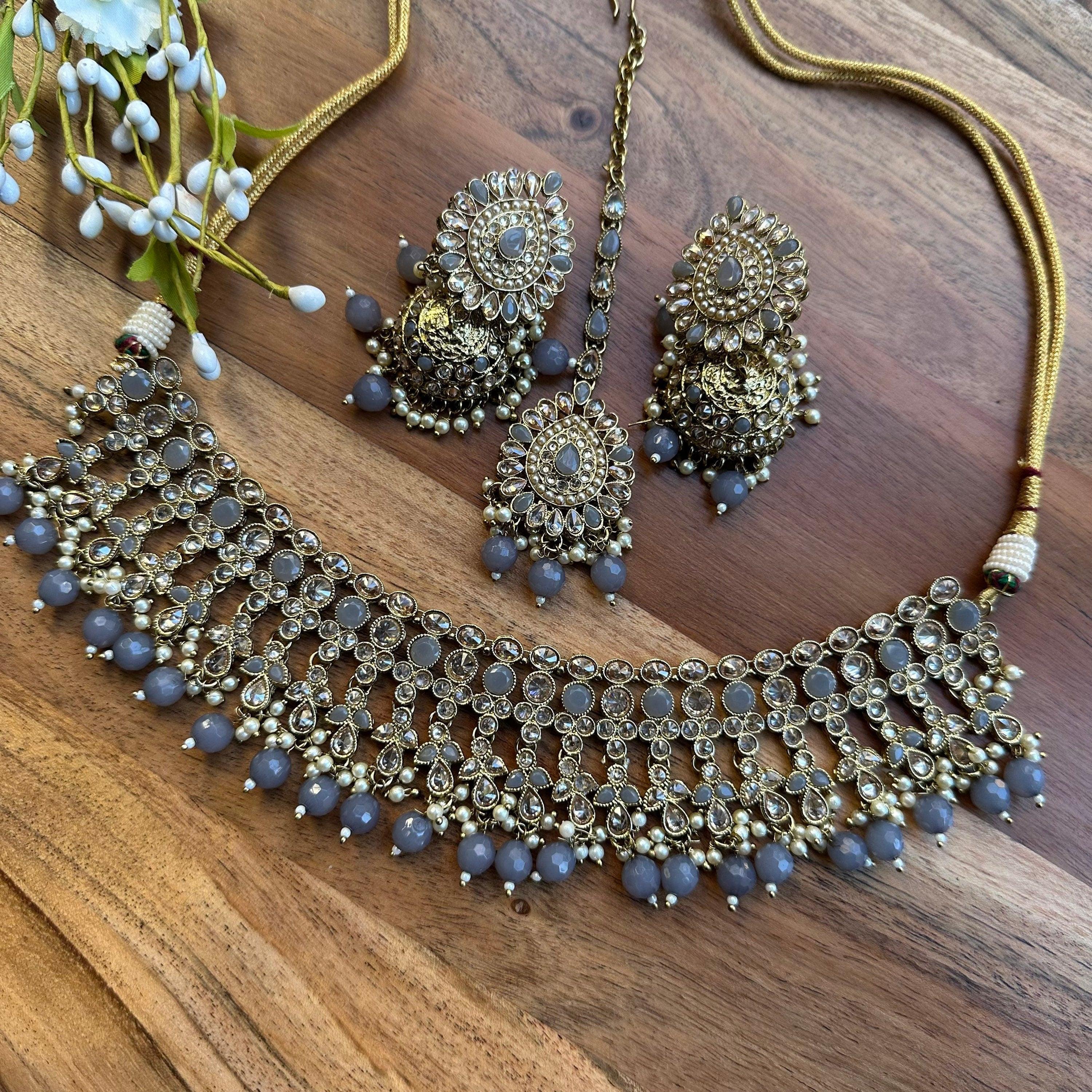 Gray Gold Polki Choker Set/ Indian Jewelry/ Punjabi Jewelry/ Pakistani jewelry/ Indian necklace/ Pakistani Choker/ Punjabi Choker