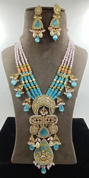 Aqua Pink Fine Kundan Long Kundan Necklace | Indian Jewelry | Pakistani Jewelry | Indian Jewelry Set / Long Necklace Set