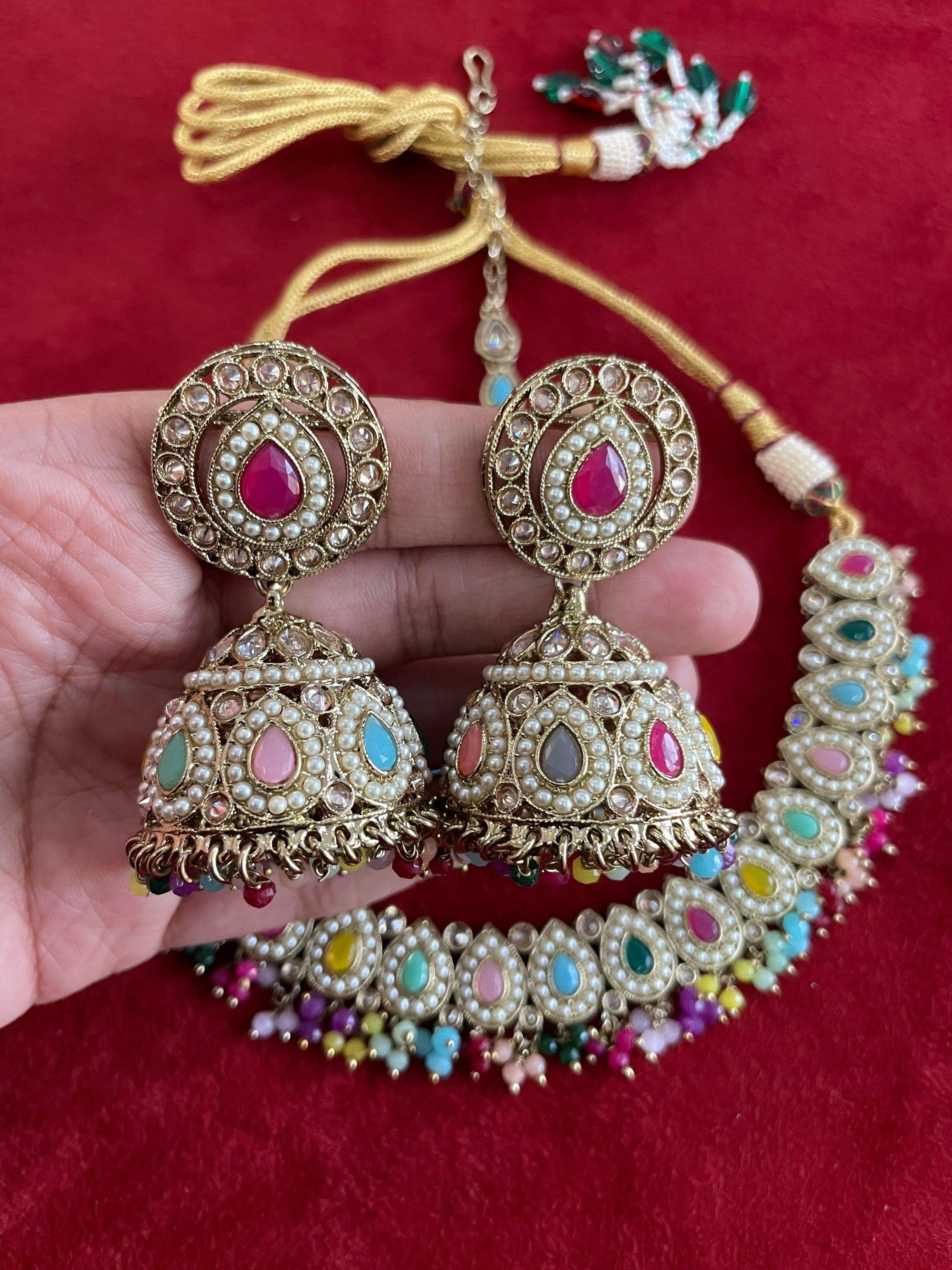Simi Navratan Polki Necklace with Jhumkey and tikka / Punjabi Jewelry / Indian Jewelry/ Pakistani Jewelry / Punjabi Necklace Set