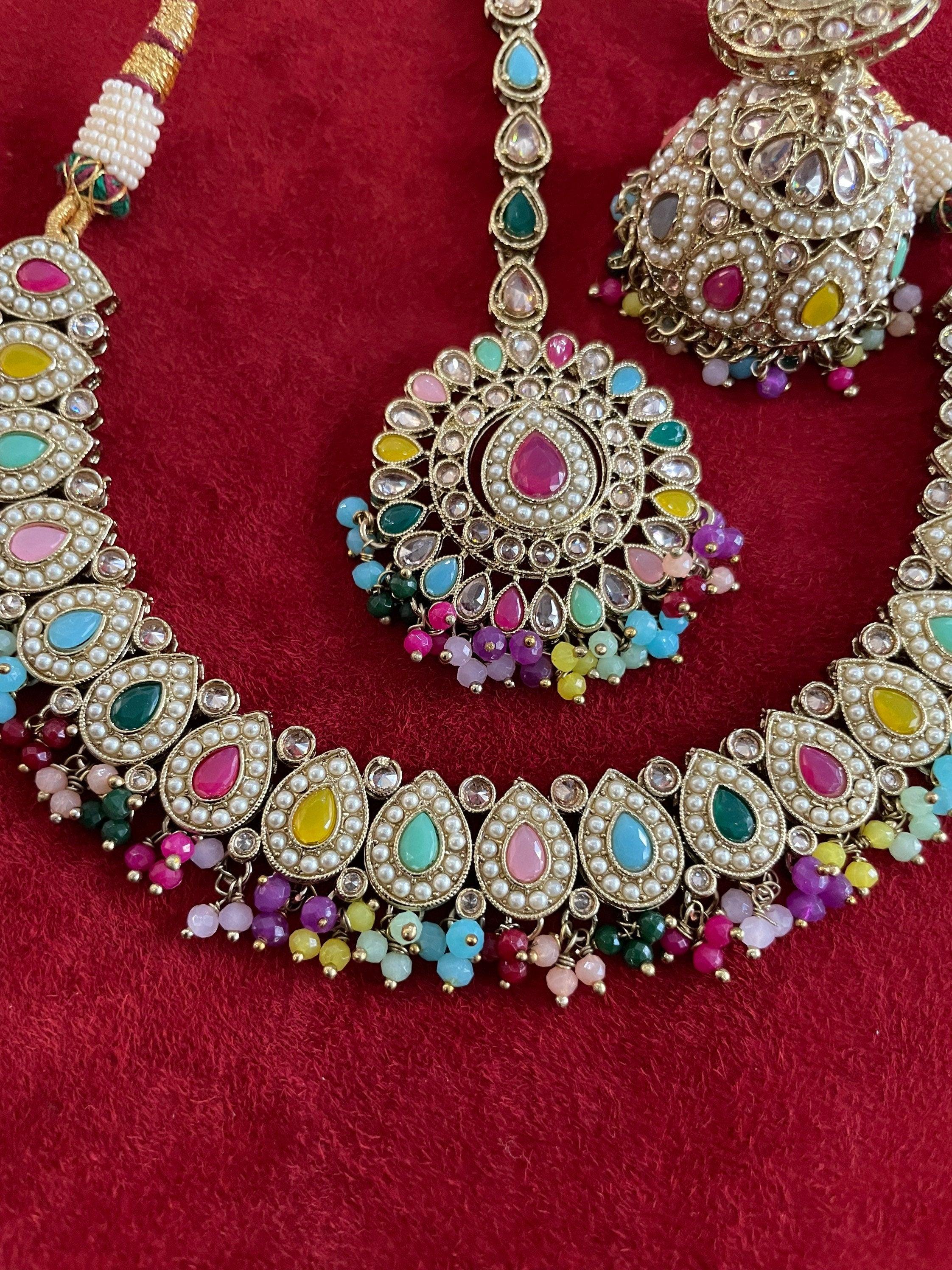 Simi Navratan Polki Necklace with Jhumkey and tikka / Punjabi Jewelry / Indian Jewelry/ Pakistani Jewelry / Punjabi Necklace Set