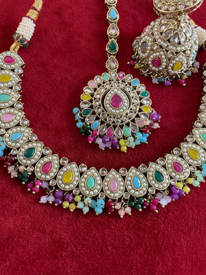 Simi Navratan Polki Necklace with Jhumkey and tikka / Punjabi Jewelry / Indian Jewelry/ Pakistani Jewelry / Punjabi Necklace Set