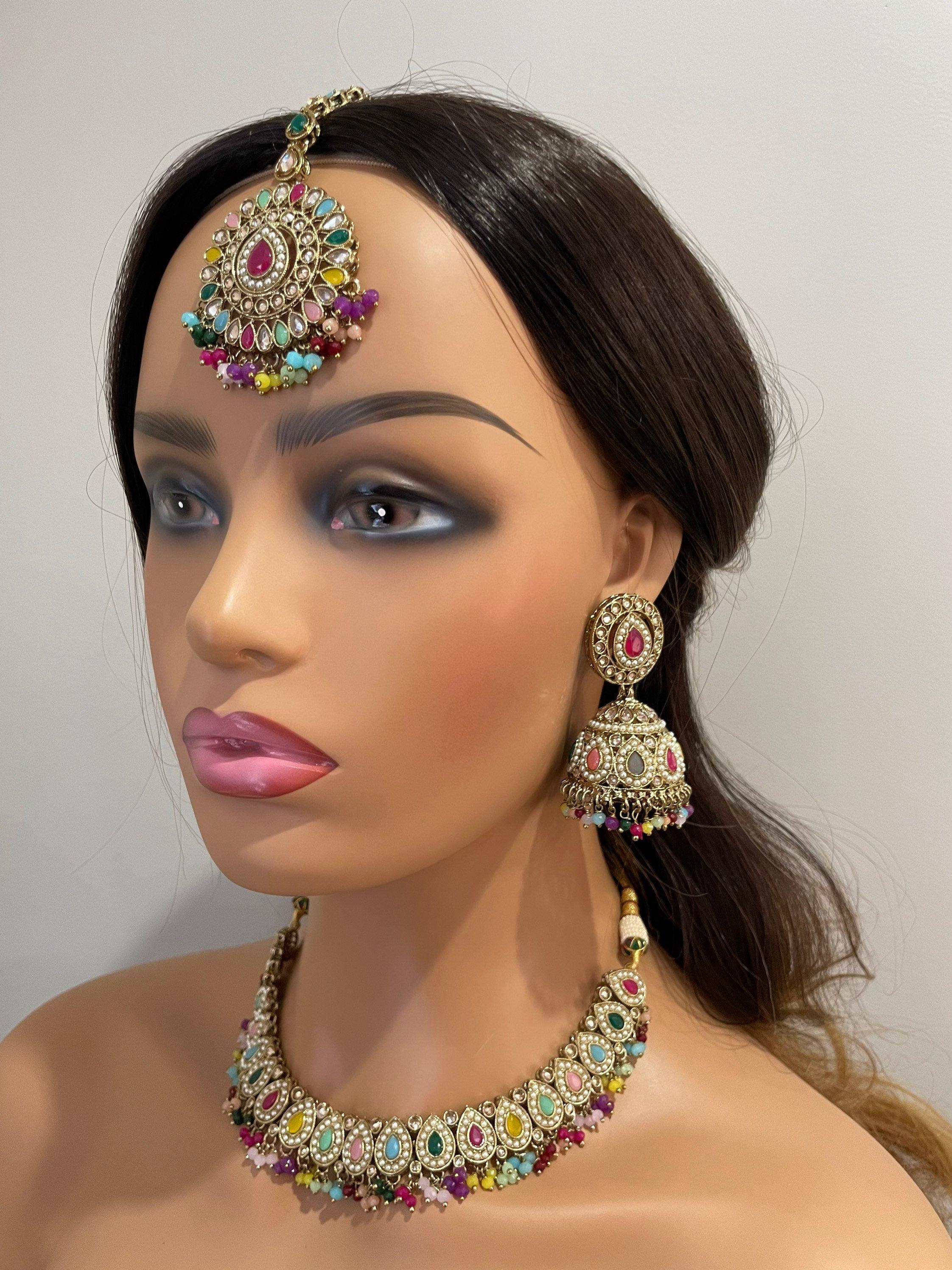 Simi Navratan Polki Necklace with Jhumkey and tikka / Punjabi Jewelry / Indian Jewelry/ Pakistani Jewelry / Punjabi Necklace Set