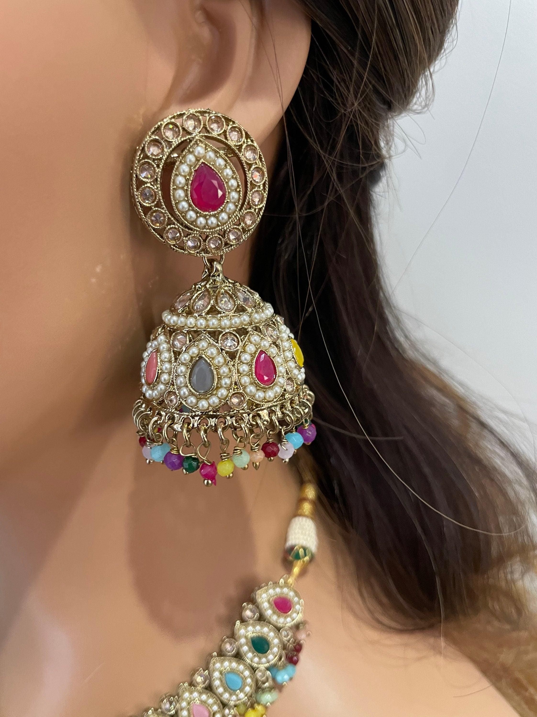 Simi Navratan Polki Necklace with Jhumkey and tikka / Punjabi Jewelry / Indian Jewelry/ Pakistani Jewelry / Punjabi Necklace Set