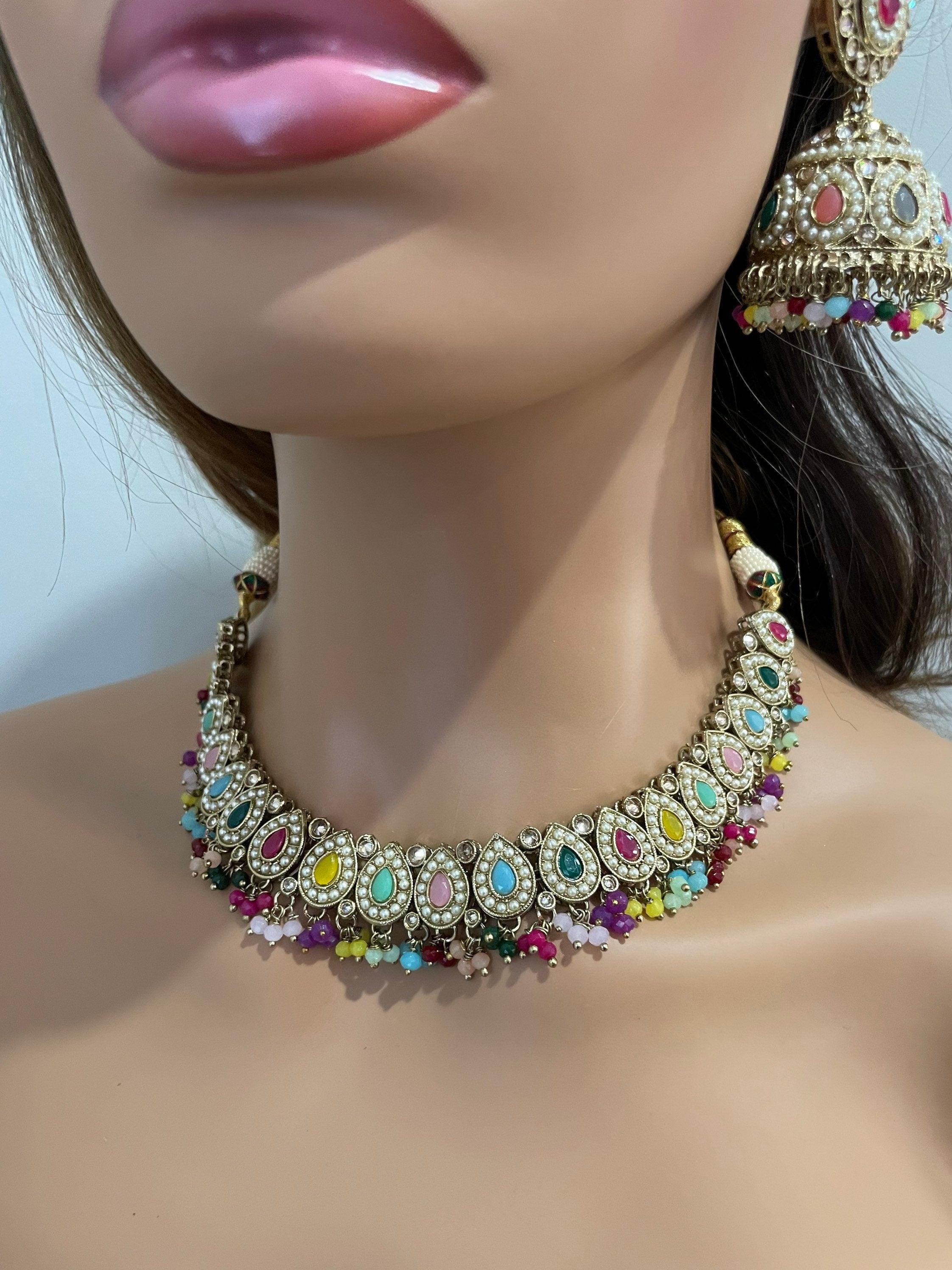 Simi Navratan Polki Necklace with Jhumkey and tikka / Punjabi Jewelry / Indian Jewelry/ Pakistani Jewelry / Punjabi Necklace Set