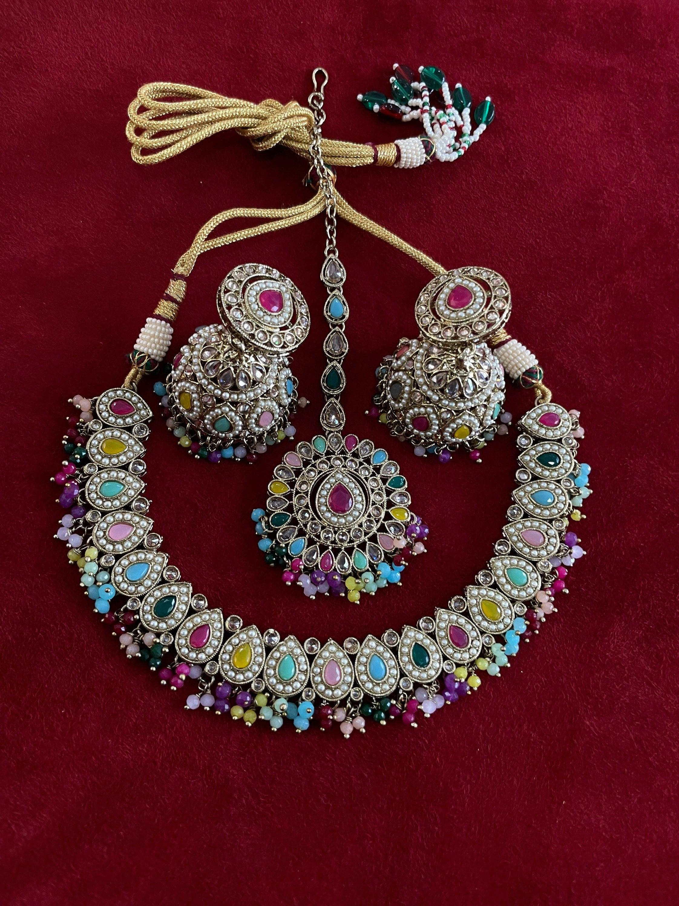 Simi Navratan Polki Necklace with Jhumkey and tikka / Punjabi Jewelry / Indian Jewelry/ Pakistani Jewelry / Punjabi Necklace Set