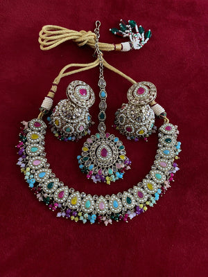 Simi Navratan Polki Necklace with Jhumkey and tikka / Punjabi Jewelry / Indian Jewelry/ Pakistani Jewelry / Punjabi Necklace Set