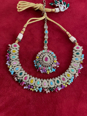 Simi Navratan Polki Necklace with Jhumkey and tikka / Punjabi Jewelry / Indian Jewelry/ Pakistani Jewelry / Punjabi Necklace Set