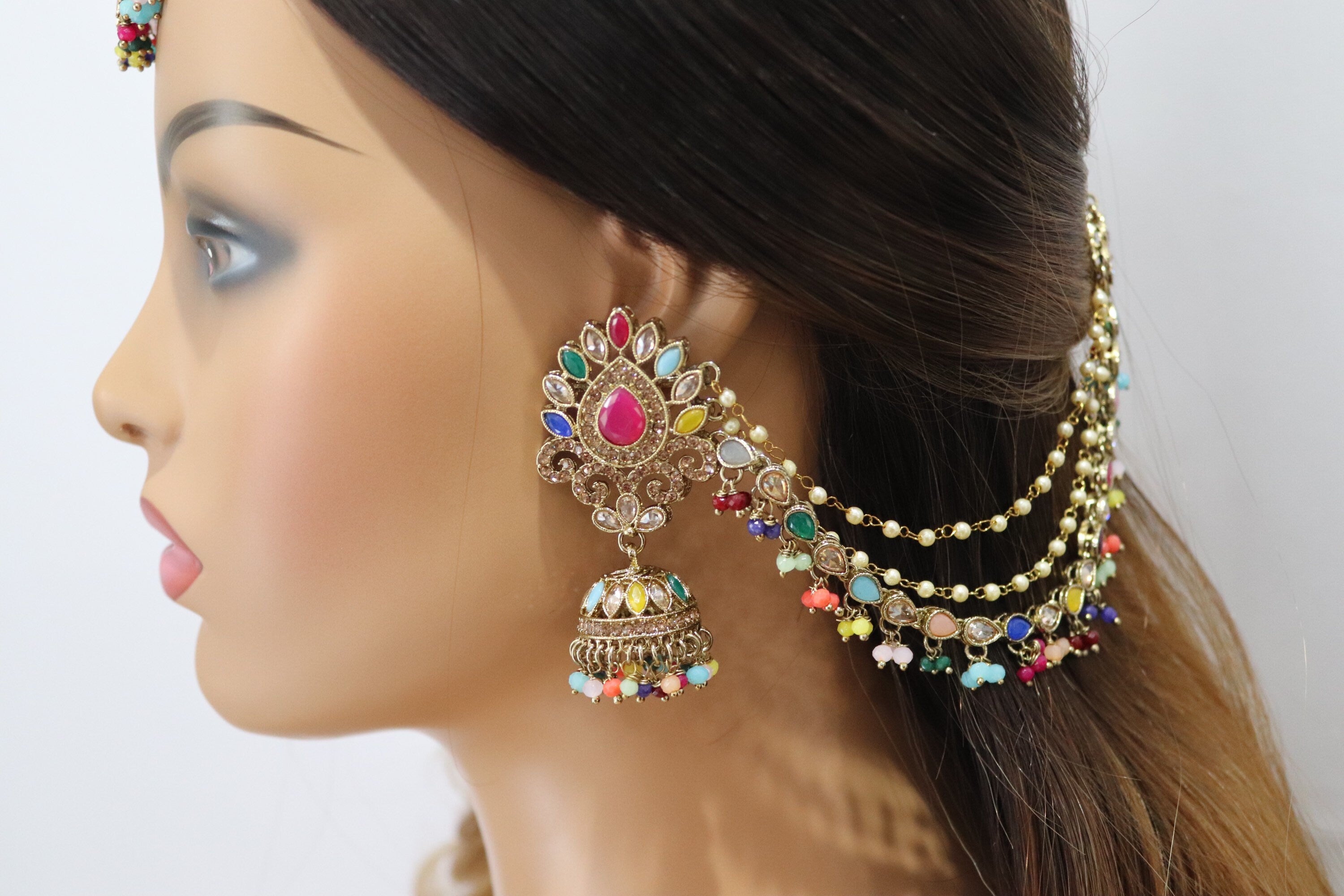 Sold Out Navratan Bahubali Earrings Tikka Indian Jewelry Polki Earrings Pakistani Jewelry Punjabi Earrings Punjabi Jewelry Earchain Earrings