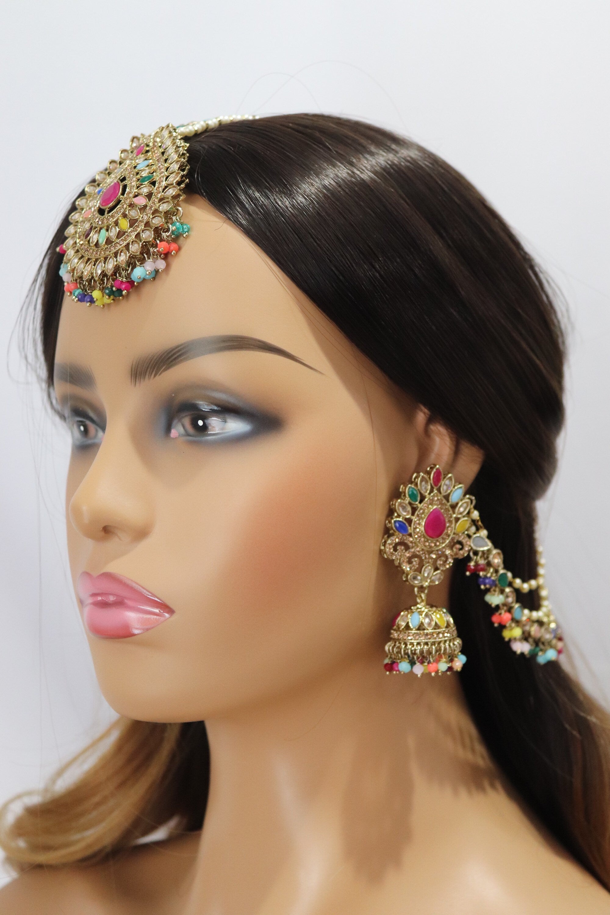 Sold Out Navratan Bahubali Earrings Tikka Indian Jewelry Polki Earrings Pakistani Jewelry Punjabi Earrings Punjabi Jewelry Earchain Earrings