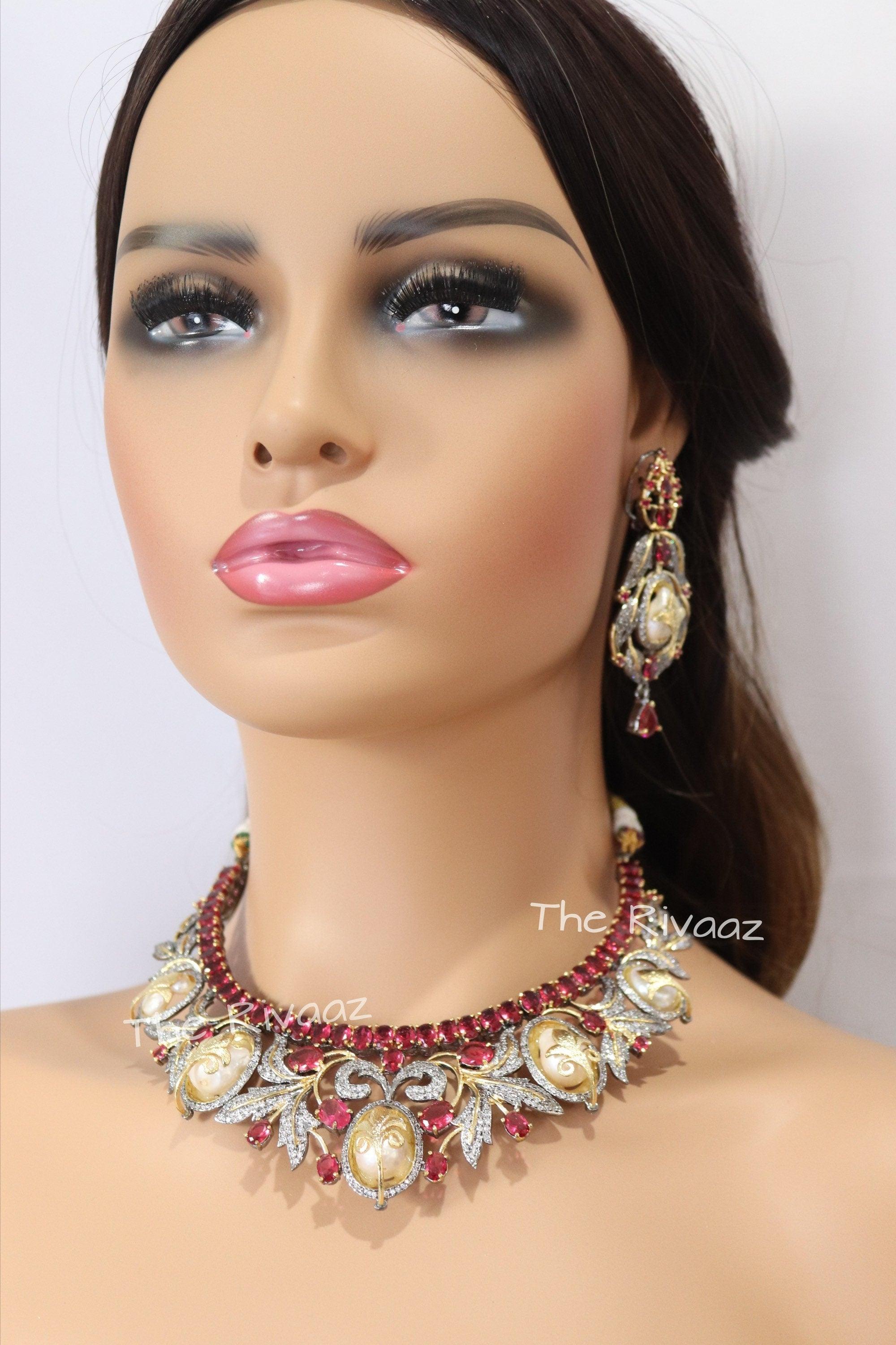 Sold Out Baroque Pearl Ruby CZ Victorian Necklace • CZ Necklace Set • American Diamond Necklace • Indian Jewelry • Pakistani Jewelry