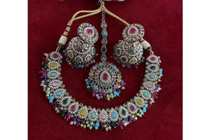 Simi Navratan Polki Necklace with Jhumkey and tikka / Punjabi Jewelry / Indian Jewelry/ Pakistani Jewelry / Punjabi Necklace Set
