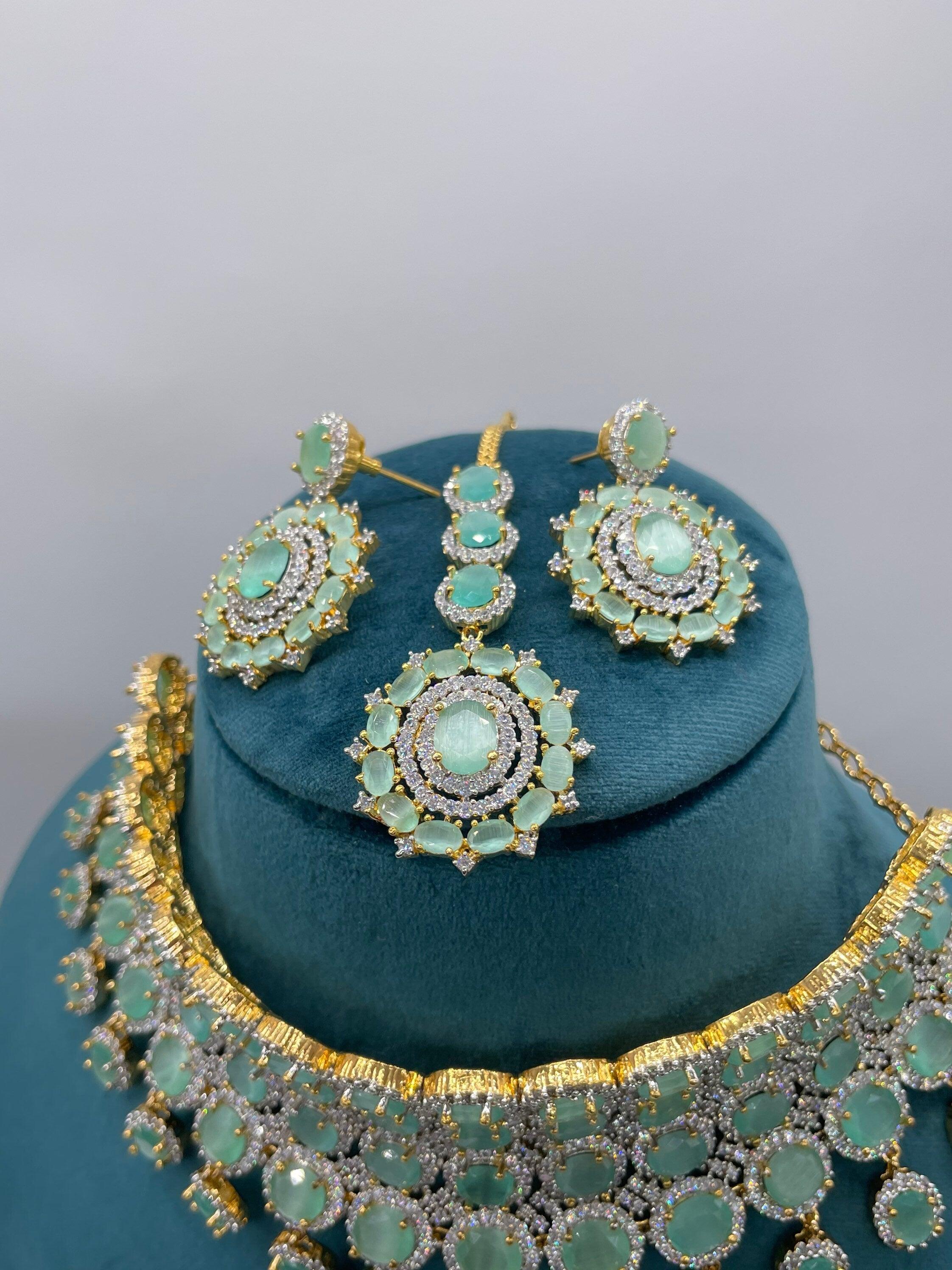 Mint CZ Gold Choker • Diamond Choker •American Diamond Necklace Set • Pakistani Jewelry • Jewelry • CZ Choker Necklace