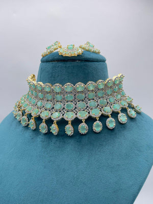 Mint CZ Gold Choker • Diamond Choker •American Diamond Necklace Set • Pakistani Jewelry • Jewelry • CZ Choker Necklace
