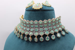 Mint CZ Gold Choker • Diamond Choker •American Diamond Necklace Set • Pakistani Jewelry • Jewelry • CZ Choker Necklace