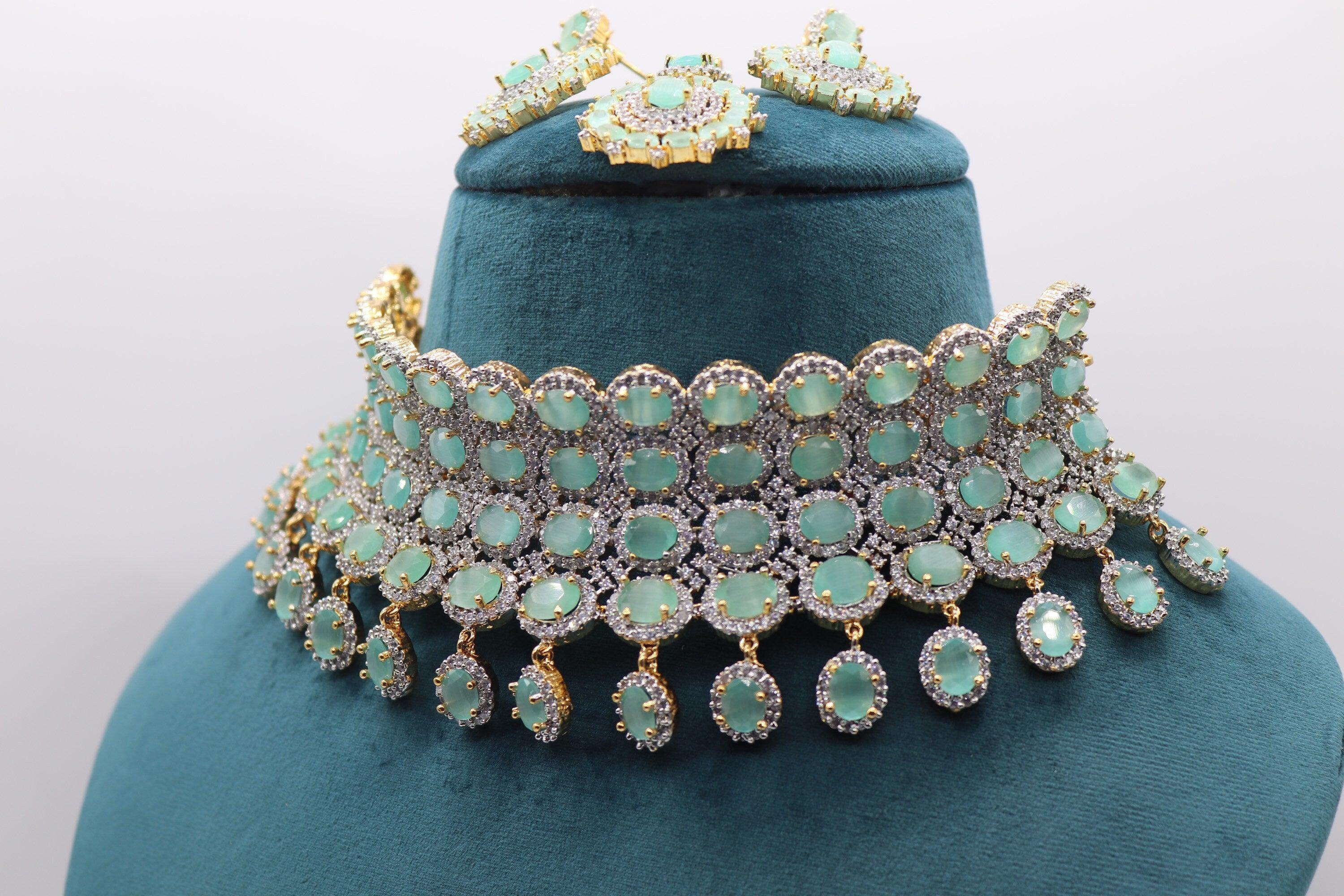 Mint CZ Gold Choker • Diamond Choker •American Diamond Necklace Set • Pakistani Jewelry • Jewelry • CZ Choker Necklace