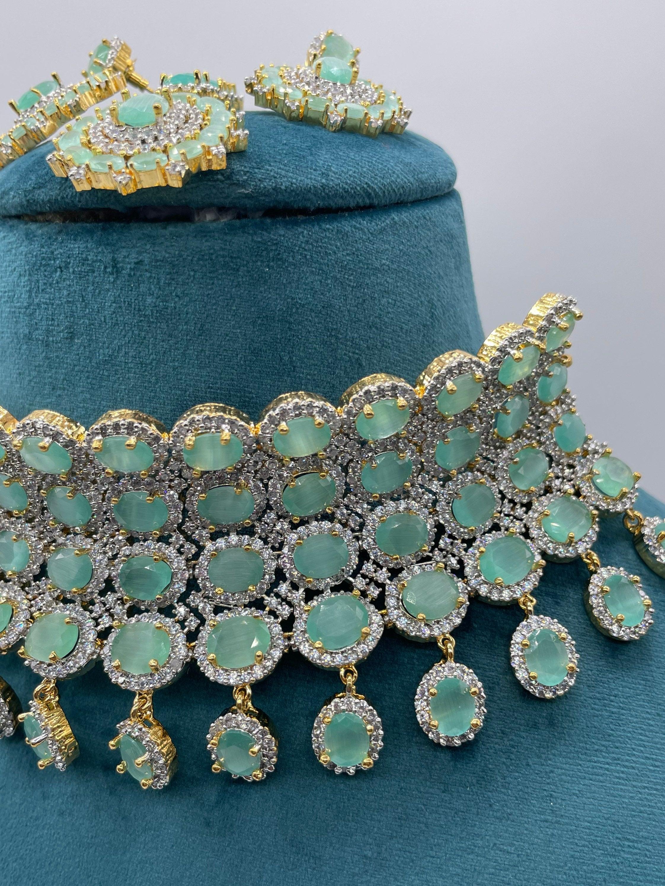 Mint CZ Gold Choker • Diamond Choker •American Diamond Necklace Set • Pakistani Jewelry • Jewelry • CZ Choker Necklace