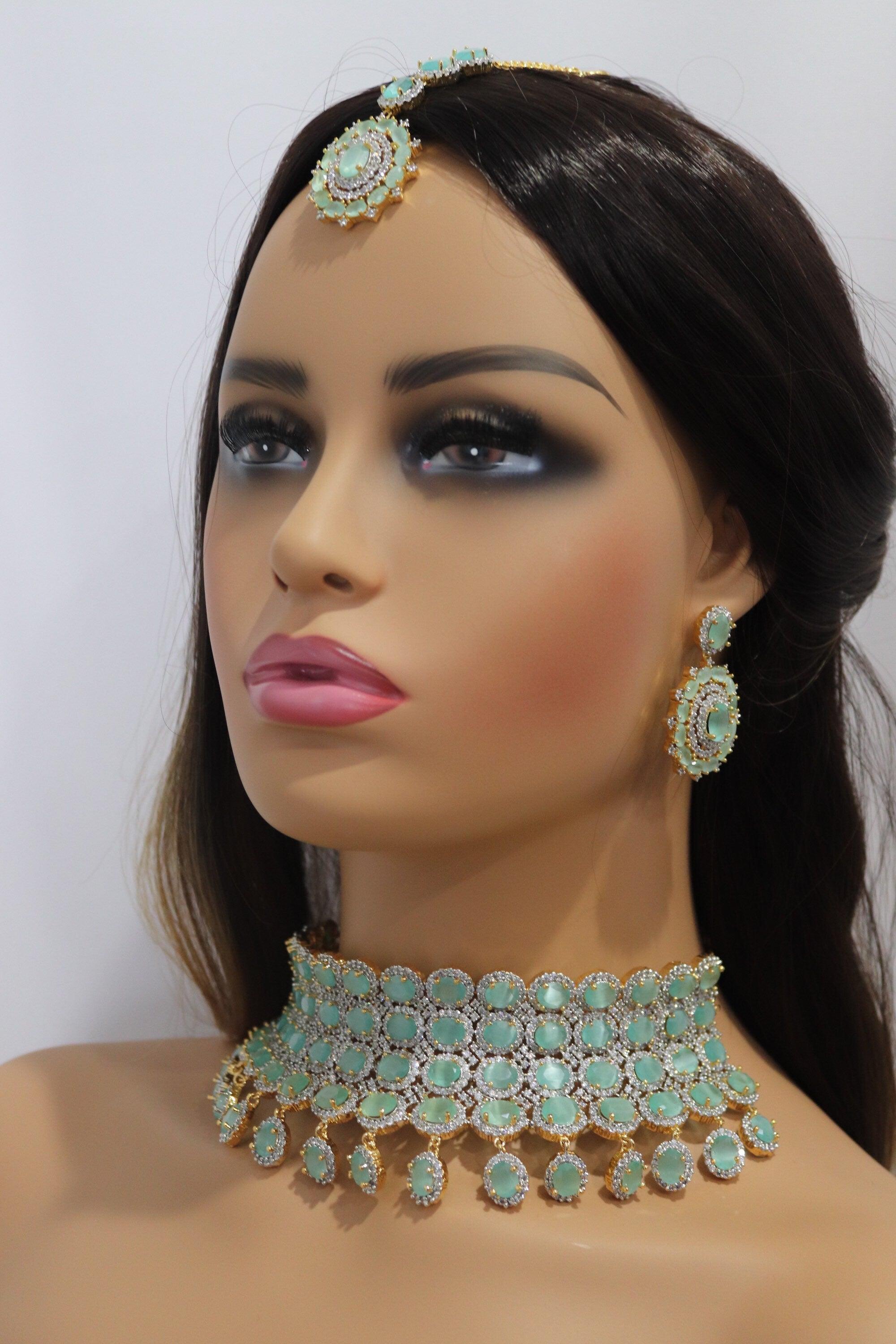 Mint CZ Gold Choker • Diamond Choker •American Diamond Necklace Set • Pakistani Jewelry • Jewelry • CZ Choker Necklace