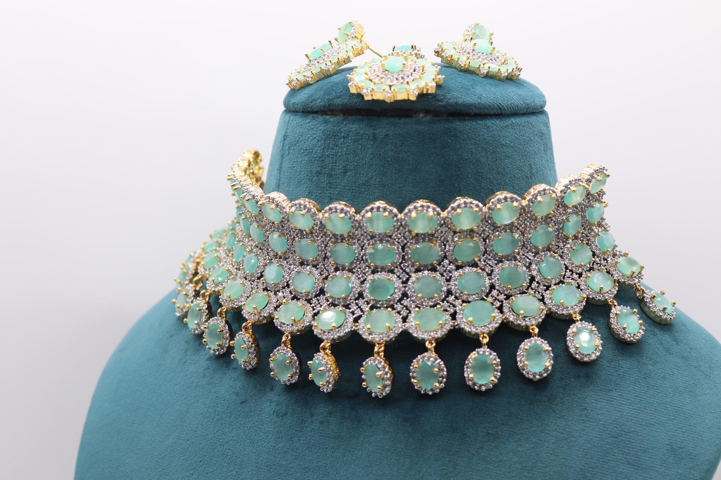Mint CZ Gold Choker • Diamond Choker •American Diamond Necklace Set • Pakistani Jewelry • Jewelry • CZ Choker Necklace