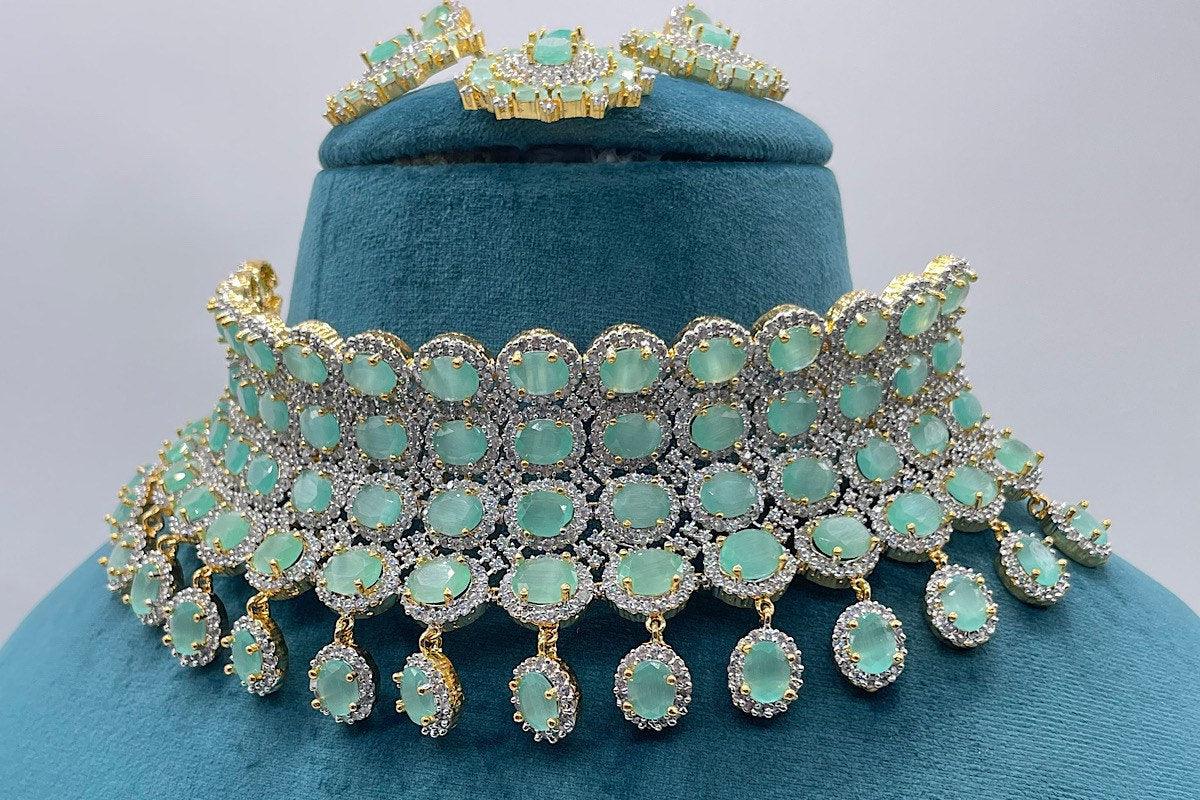 Mint CZ Gold Choker • Diamond Choker •American Diamond Necklace Set • Pakistani Jewelry • Jewelry • CZ Choker Necklace