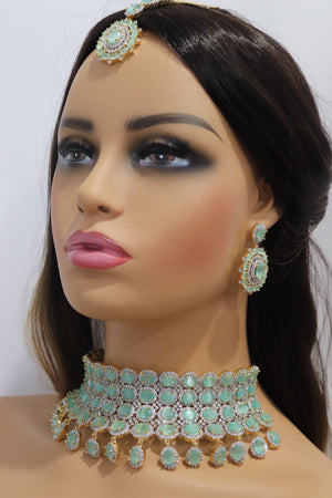 Mint CZ Gold Choker • Diamond Choker •American Diamond Necklace Set • Pakistani Jewelry • Jewelry • CZ Choker Necklace