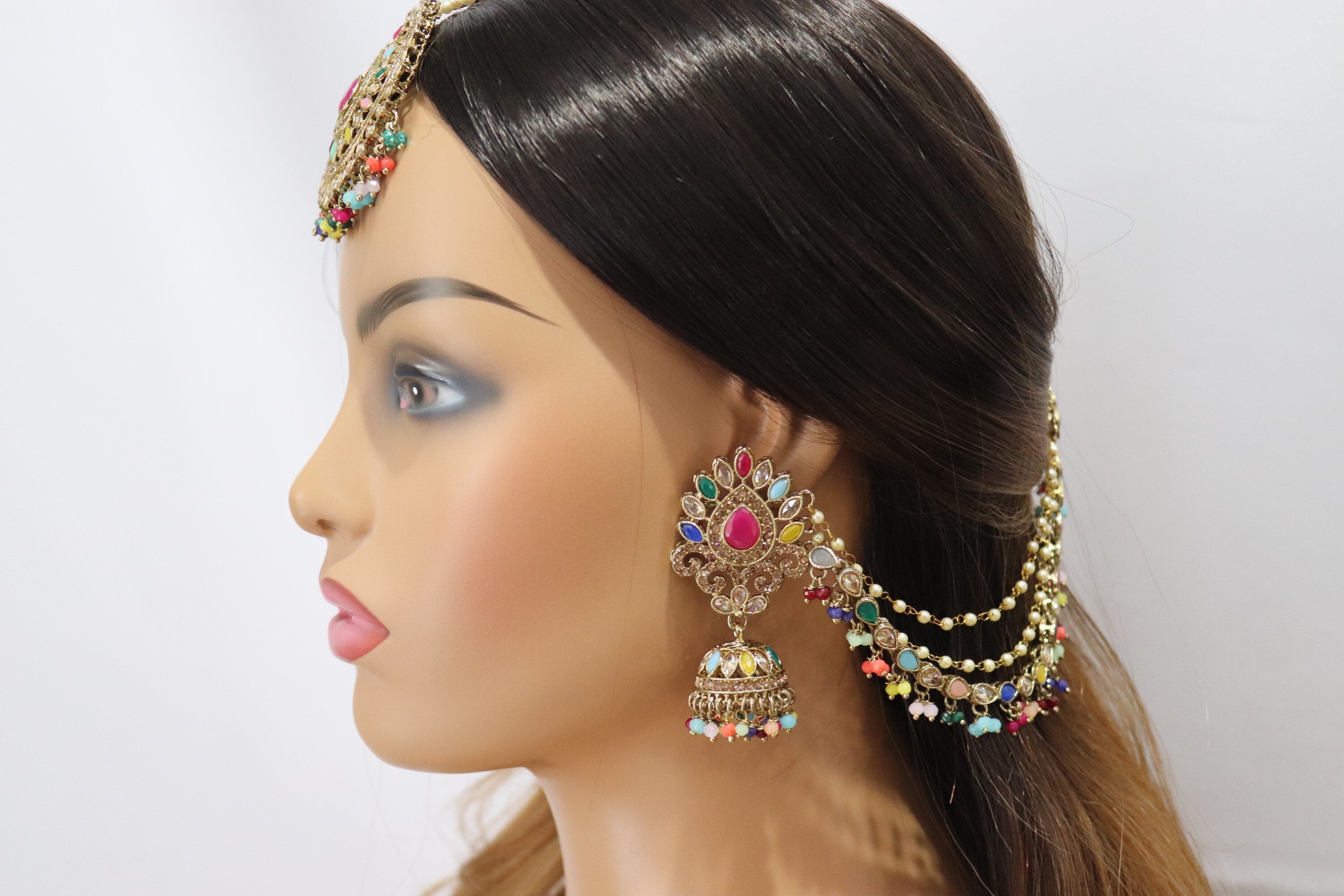 Sold Out Navratan Bahubali Earrings Tikka Indian Jewelry Polki Earrings Pakistani Jewelry Punjabi Earrings Punjabi Jewelry Earchain Earrings