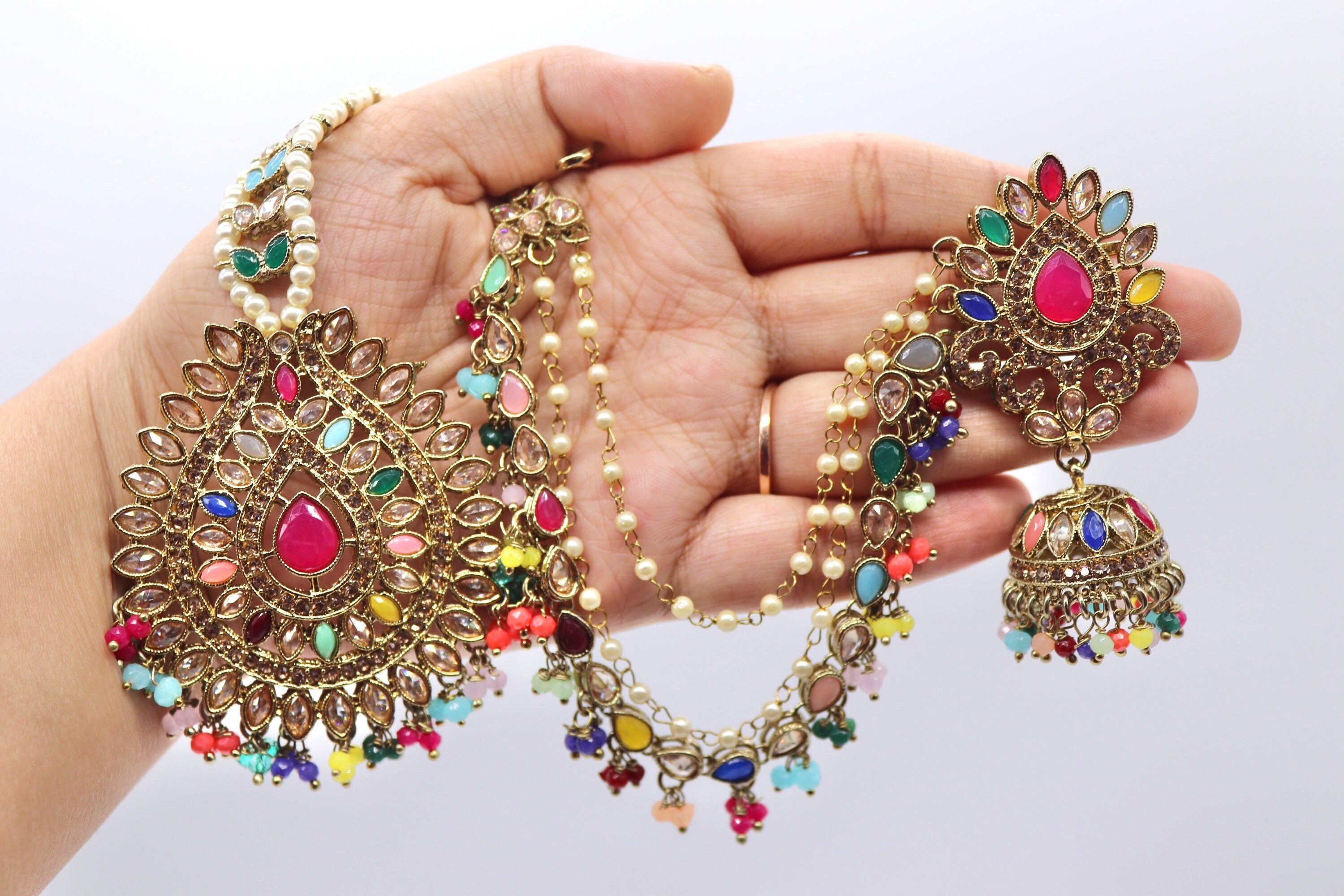 Sold Out Navratan Bahubali Earrings Tikka Indian Jewelry Polki Earrings Pakistani Jewelry Punjabi Earrings Punjabi Jewelry Earchain Earrings