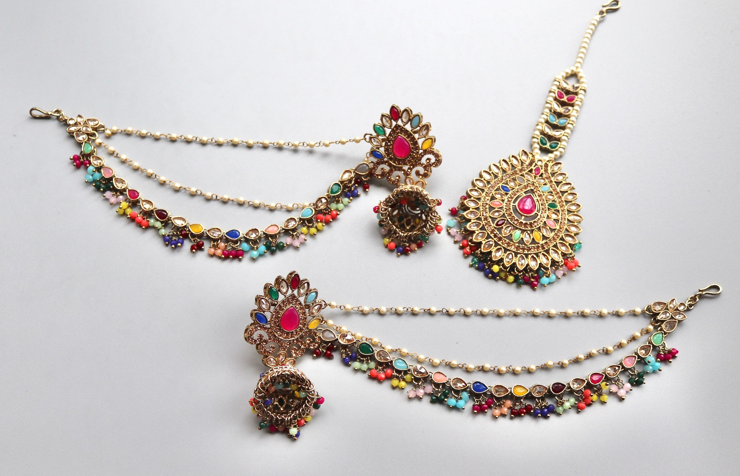 Sold Out Navratan Bahubali Earrings Tikka Indian Jewelry Polki Earrings Pakistani Jewelry Punjabi Earrings Punjabi Jewelry Earchain Earrings
