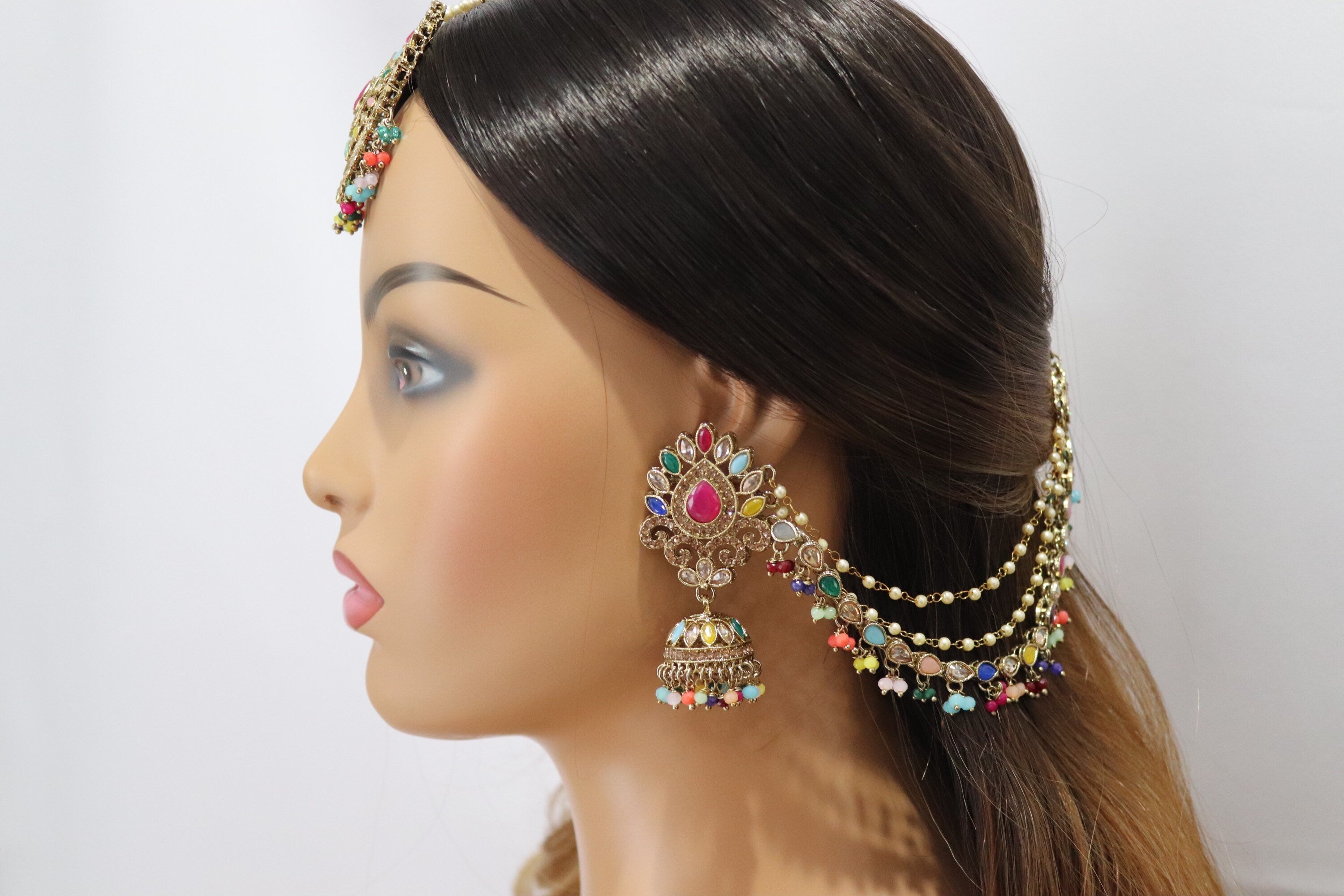 Sold Out Navratan Bahubali Earrings Tikka Indian Jewelry Polki Earrings Pakistani Jewelry Punjabi Earrings Punjabi Jewelry Earchain Earrings