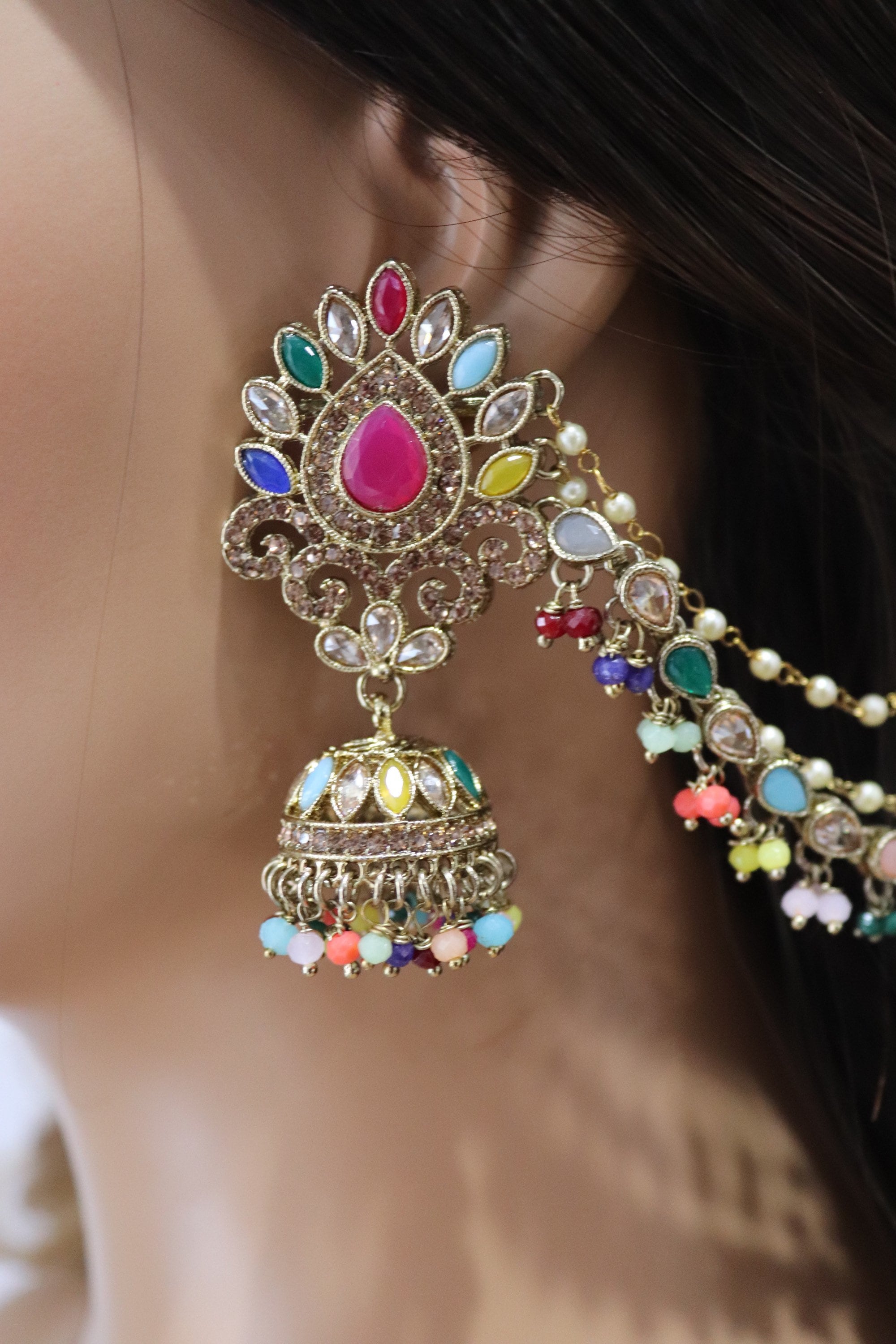Sold Out Navratan Bahubali Earrings Tikka Indian Jewelry Polki Earrings Pakistani Jewelry Punjabi Earrings Punjabi Jewelry Earchain Earrings