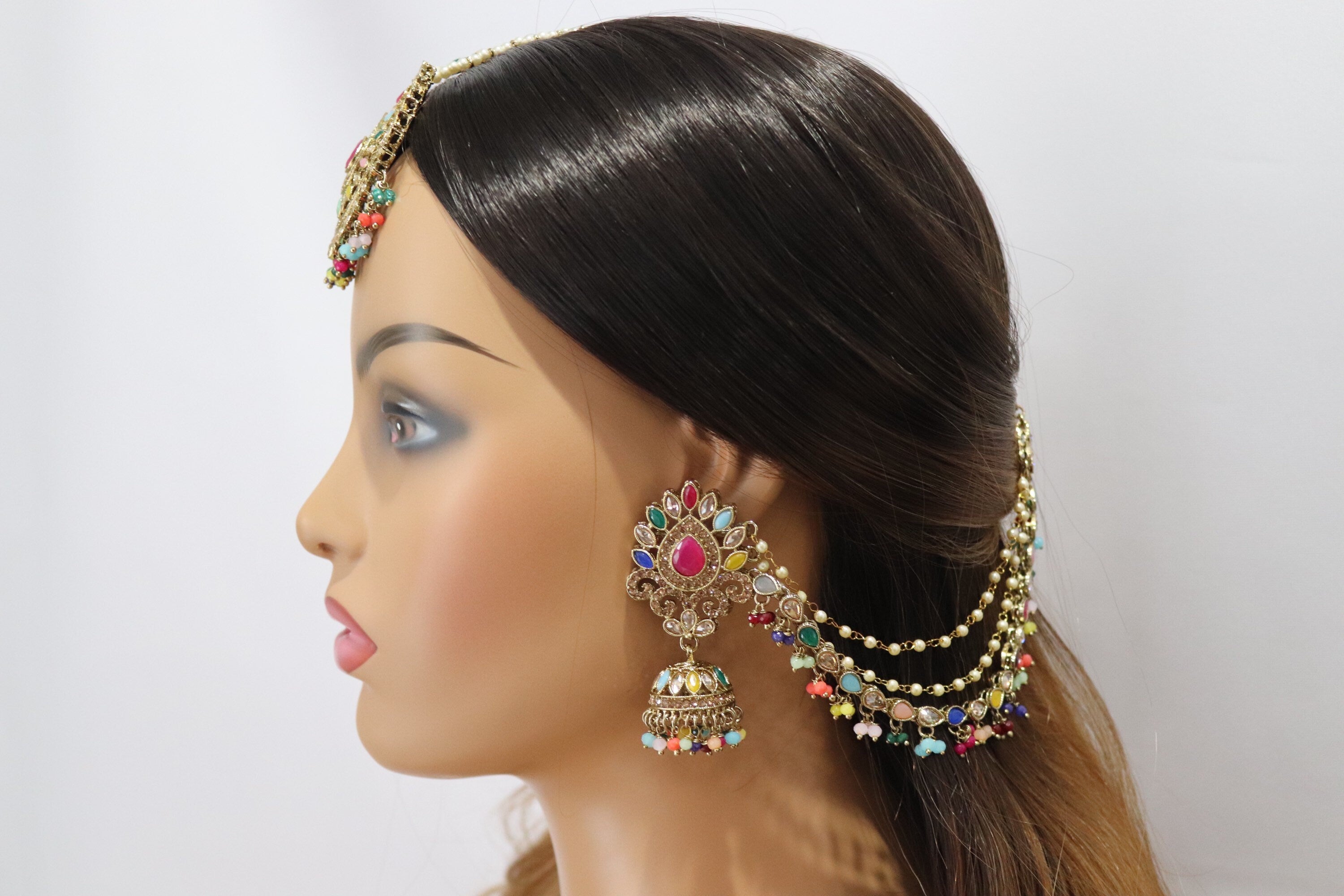 Sold Out Navratan Bahubali Earrings Tikka Indian Jewelry Polki Earrings Pakistani Jewelry Punjabi Earrings Punjabi Jewelry Earchain Earrings