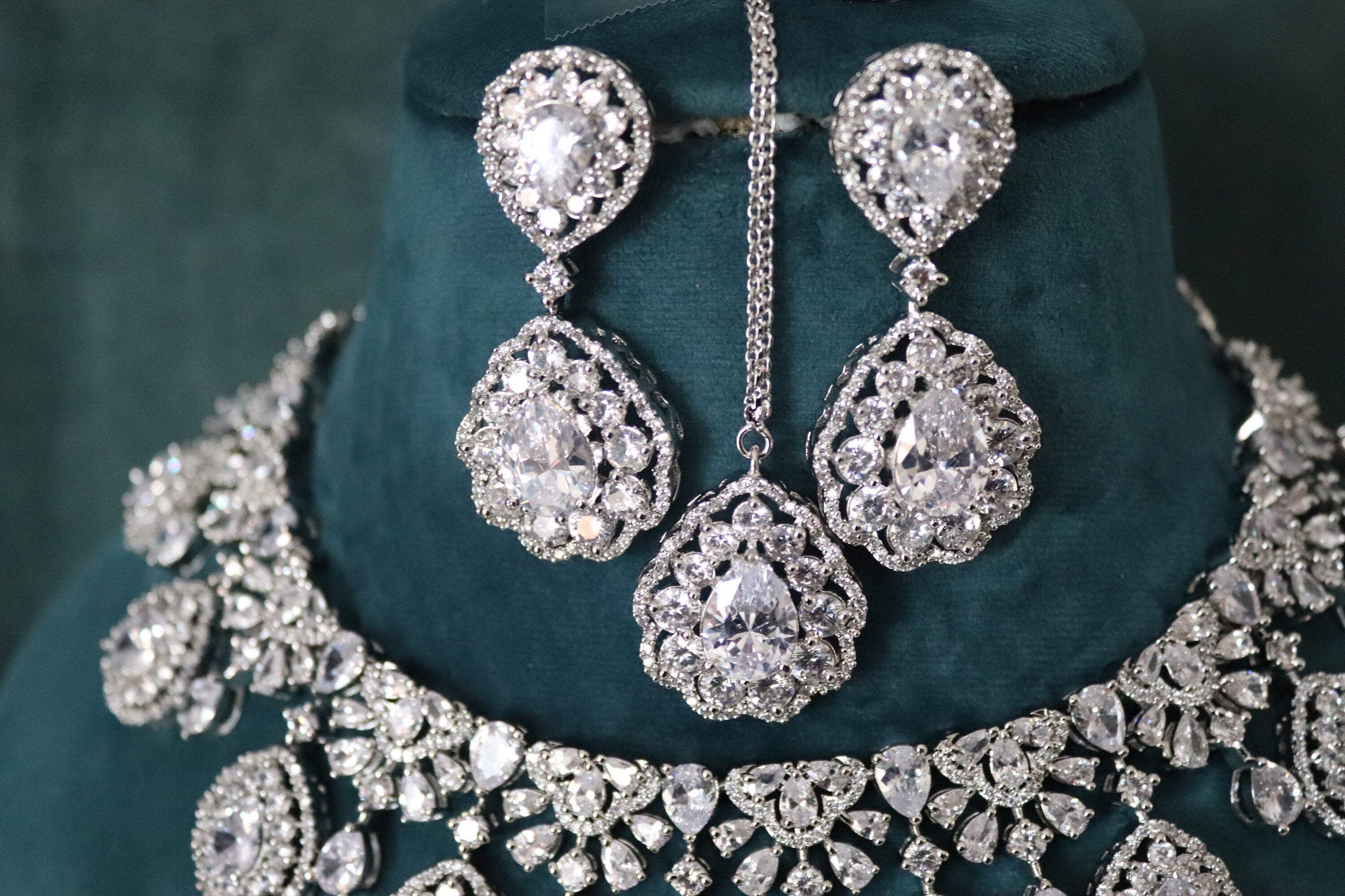 5 Piece CZ Necklace Set • Crystal Necklace • Wedding Jewelry • American Diamond Necklace • Pakistani Jewelry • CZ Necklace • Indian Jewelry