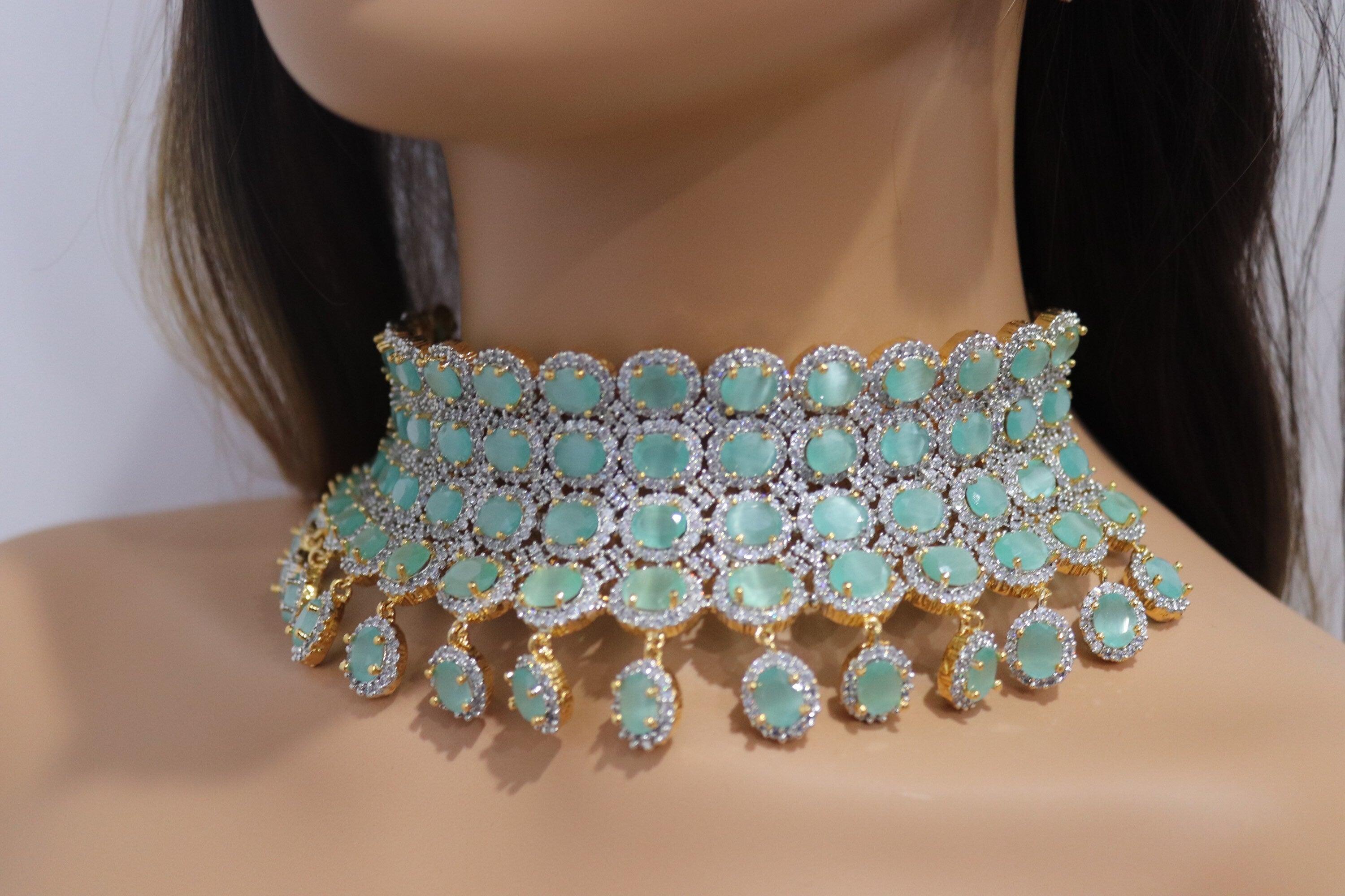 Mint CZ Gold Choker • Diamond Choker •American Diamond Necklace Set • Pakistani Jewelry • Jewelry • CZ Choker Necklace