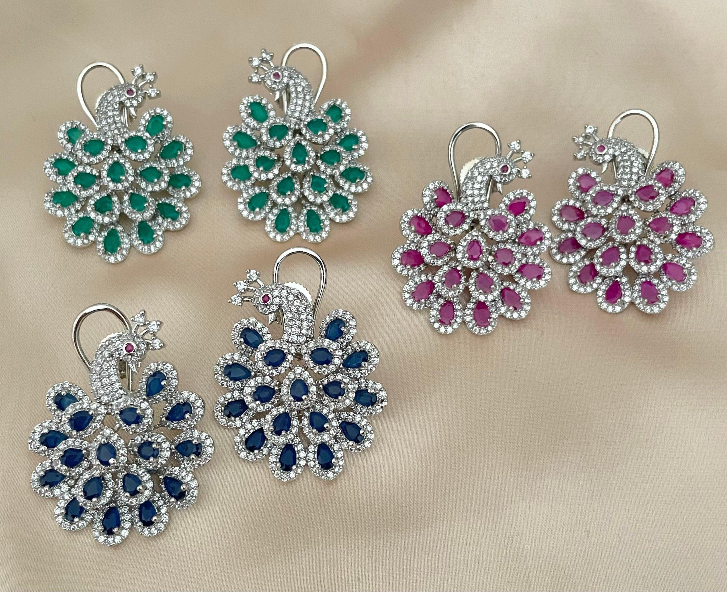 Diamond Peacock Earrings/ Indian Jewelry/ Indian Earrings/ CZ Earrings/ Statement Jewelry/ Statement Earrings Studs Swarovski Elements