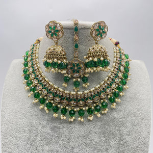 Green Gold Polki Choker with chaandbali and tikka /Antique Gold Choker/Indian Choker Necklace/ Pakistani jewelry/ Indian jewelry