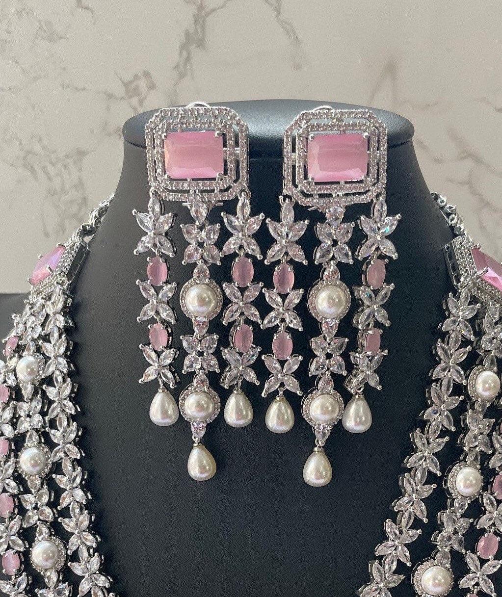 Pink CZ Long Necklace Set Indian Jewelry Pakistani Long Necklace American Diamond Necklace Pink CZ Rani Haar Indian Long Necklace Sari
