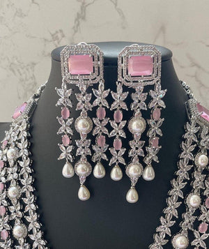 Pink CZ Long Necklace Set Indian Jewelry Pakistani Long Necklace American Diamond Necklace Pink CZ Rani Haar Indian Long Necklace Sari