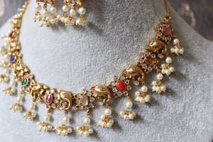 Navratan Gold Necklace Elephant motifs and Pearls Indian Jewelry Indian Necklace Set Kundan Necklace Kundan Jewelry