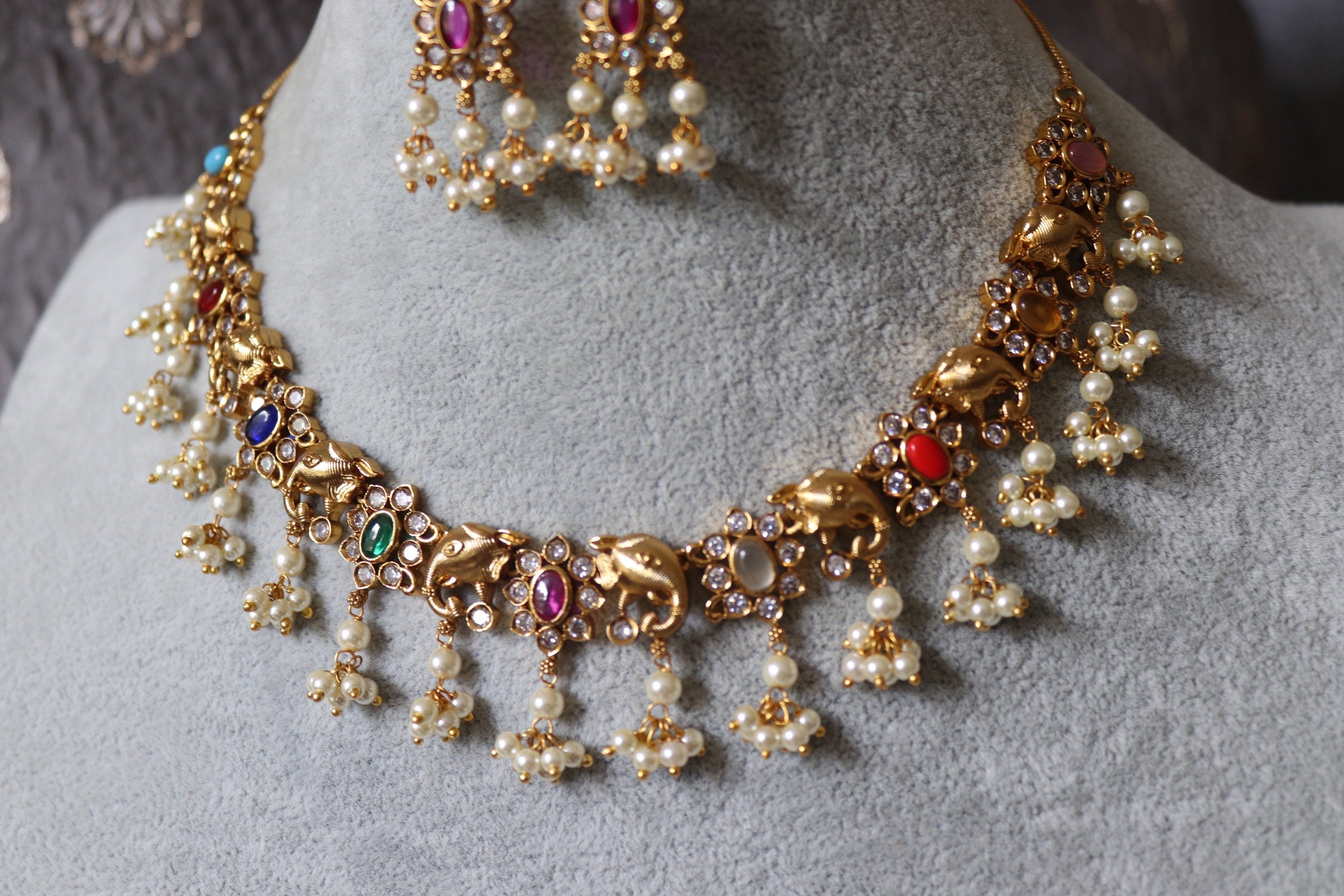 Navratan Gold Necklace Elephant motifs and Pearls Indian Jewelry Indian Necklace Set Kundan Necklace Kundan Jewelry