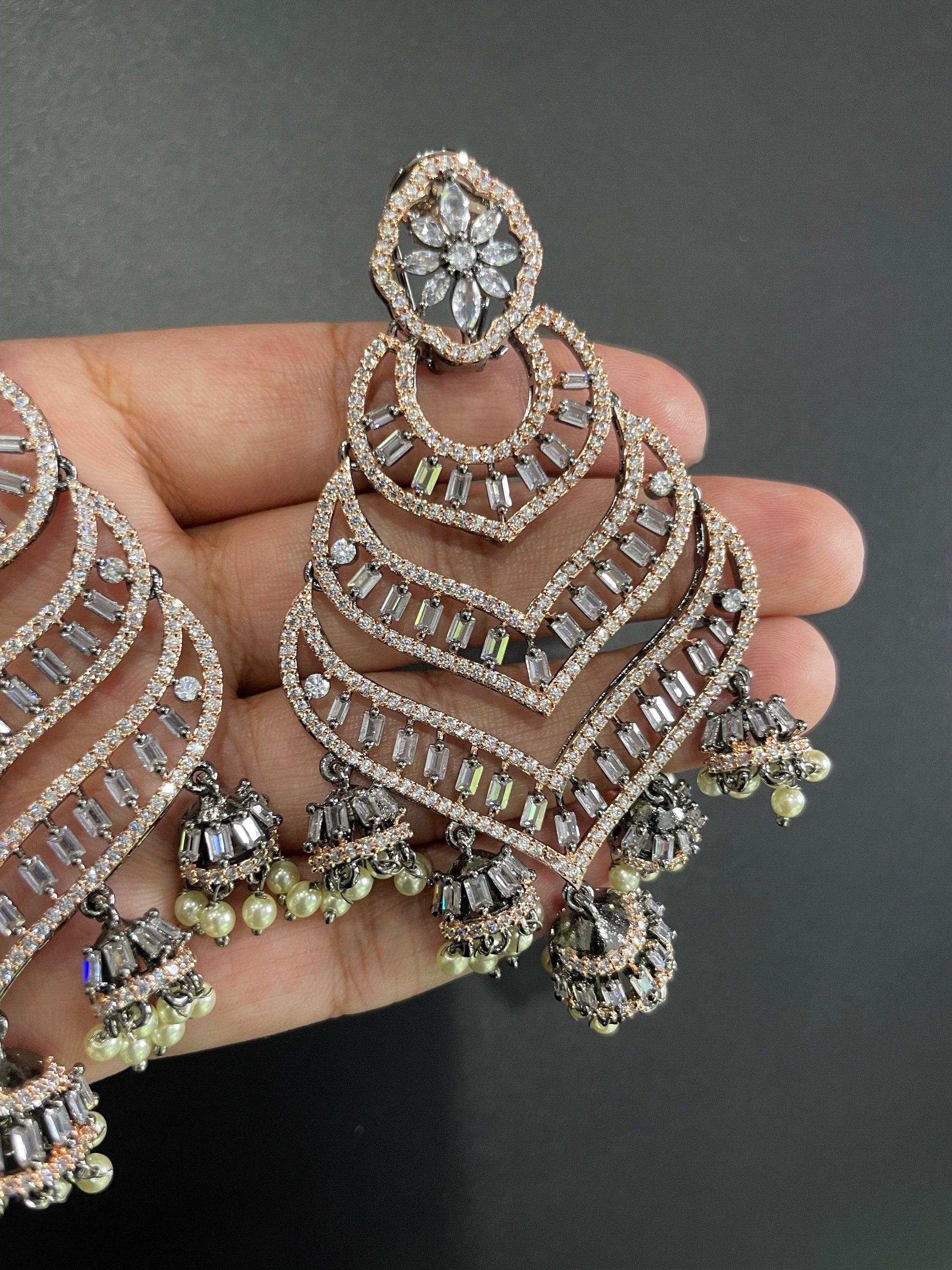 Black Rose Gold Diamond Chaandbali Indian Earring Indian Jewelry Pakistani Jewelry American Diamond Cubic Zirconia Earrings Statement