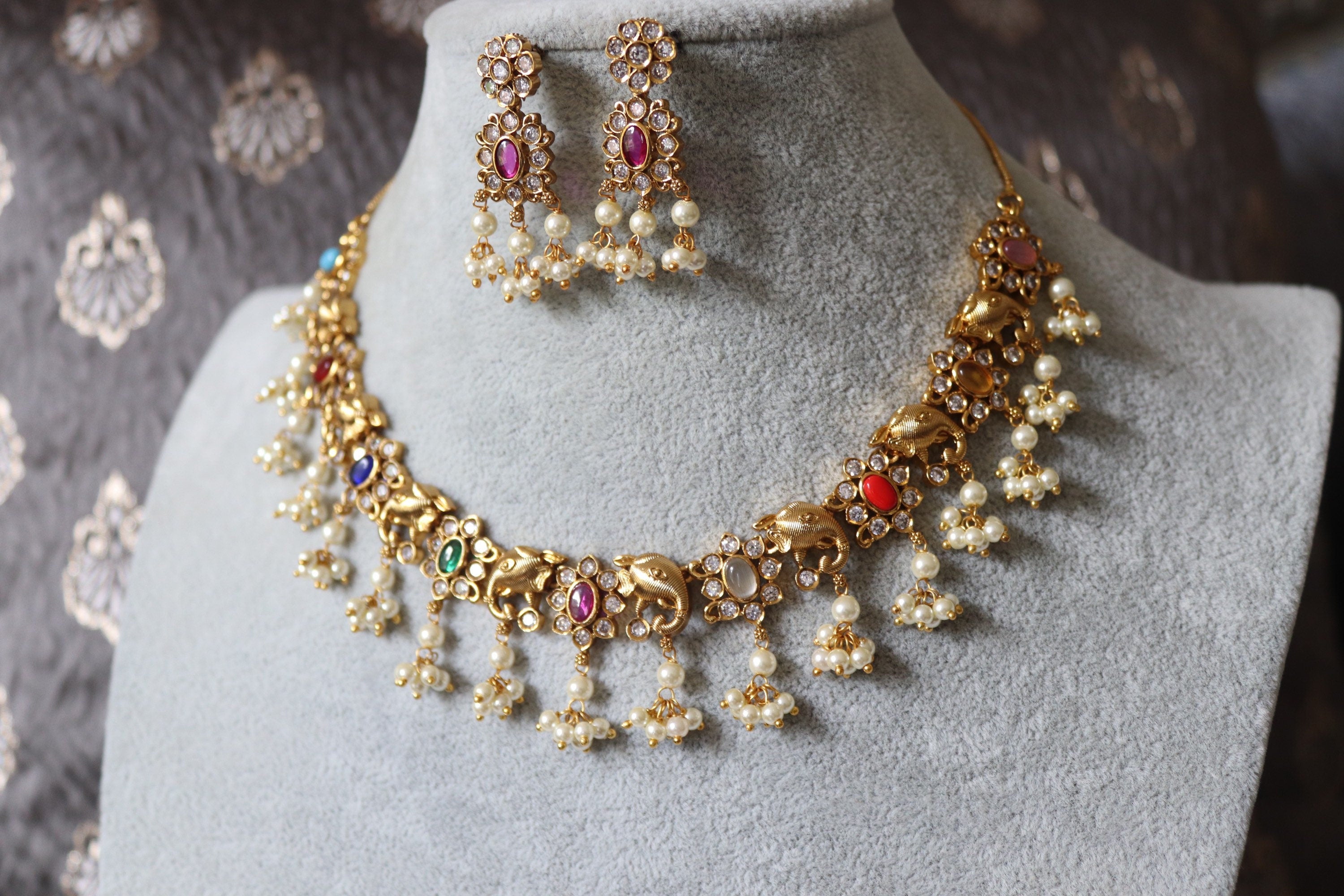 Navratan Gold Necklace Elephant motifs and Pearls Indian Jewelry Indian Necklace Set Kundan Necklace Kundan Jewelry