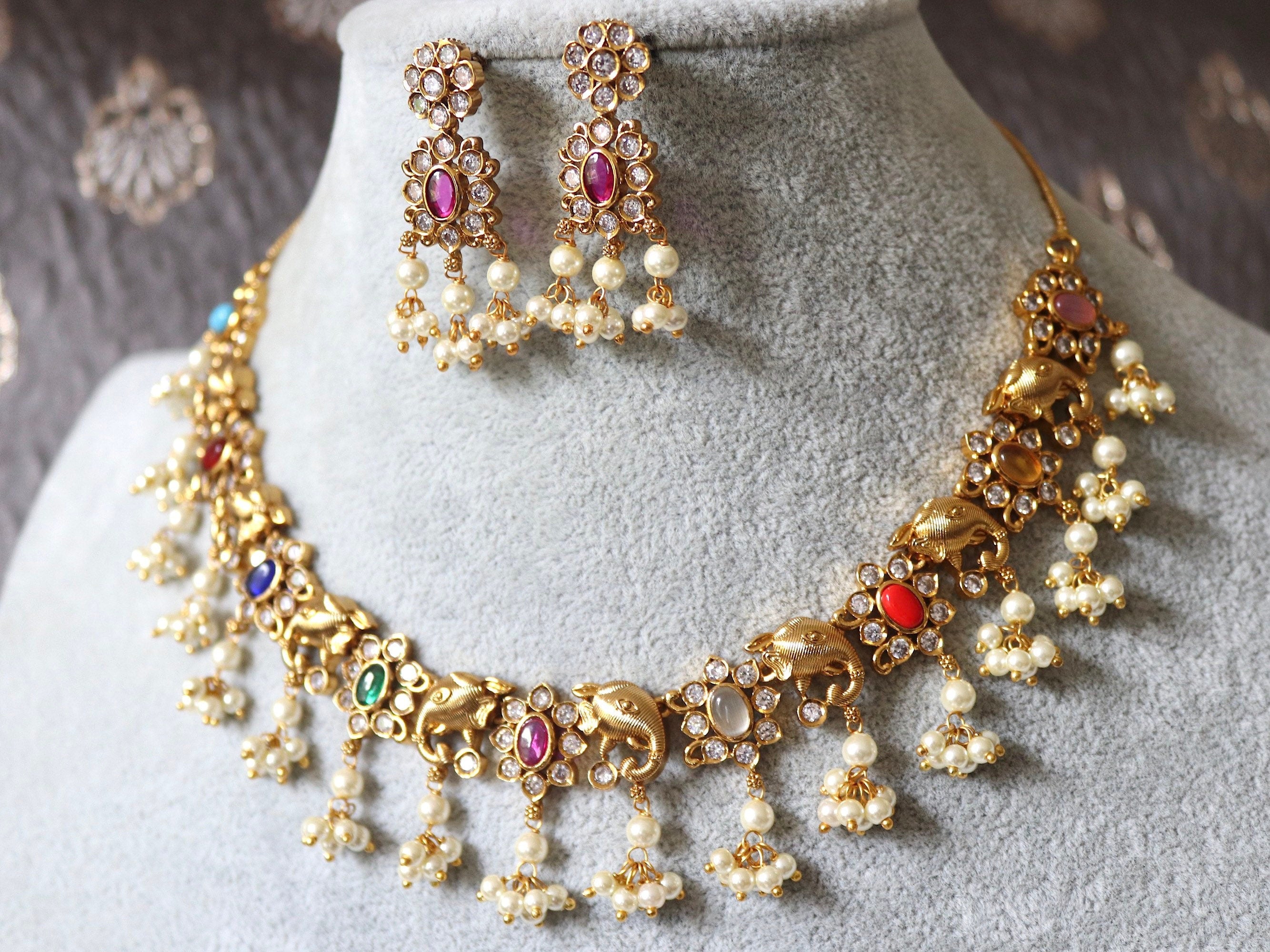Navratan Gold Necklace Elephant motifs and Pearls Indian Jewelry Indian Necklace Set Kundan Necklace Kundan Jewelry
