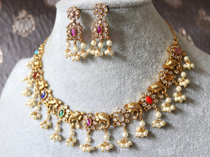 Navratan Gold Necklace Elephant motifs and Pearls Indian Jewelry Indian Necklace Set Kundan Necklace Kundan Jewelry