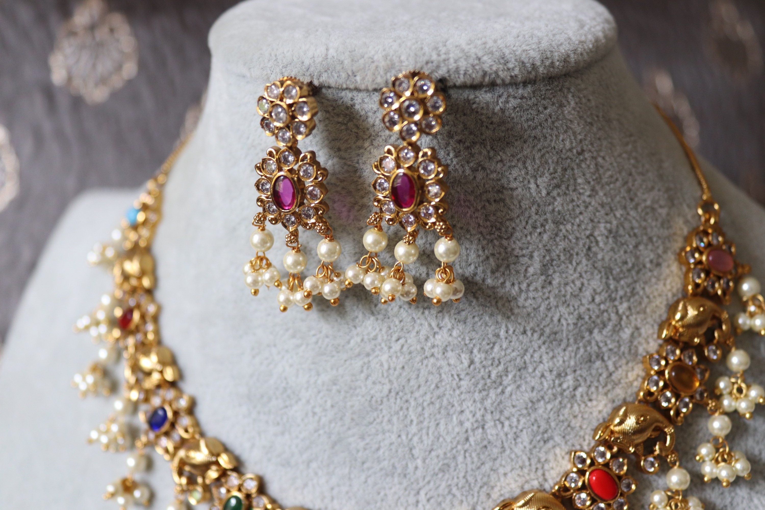 Navratan Gold Necklace Elephant motifs and Pearls Indian Jewelry Indian Necklace Set Kundan Necklace Kundan Jewelry