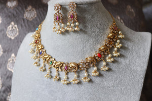 Navratan Gold Necklace Elephant motifs and Pearls Indian Jewelry Indian Necklace Set Kundan Necklace Kundan Jewelry