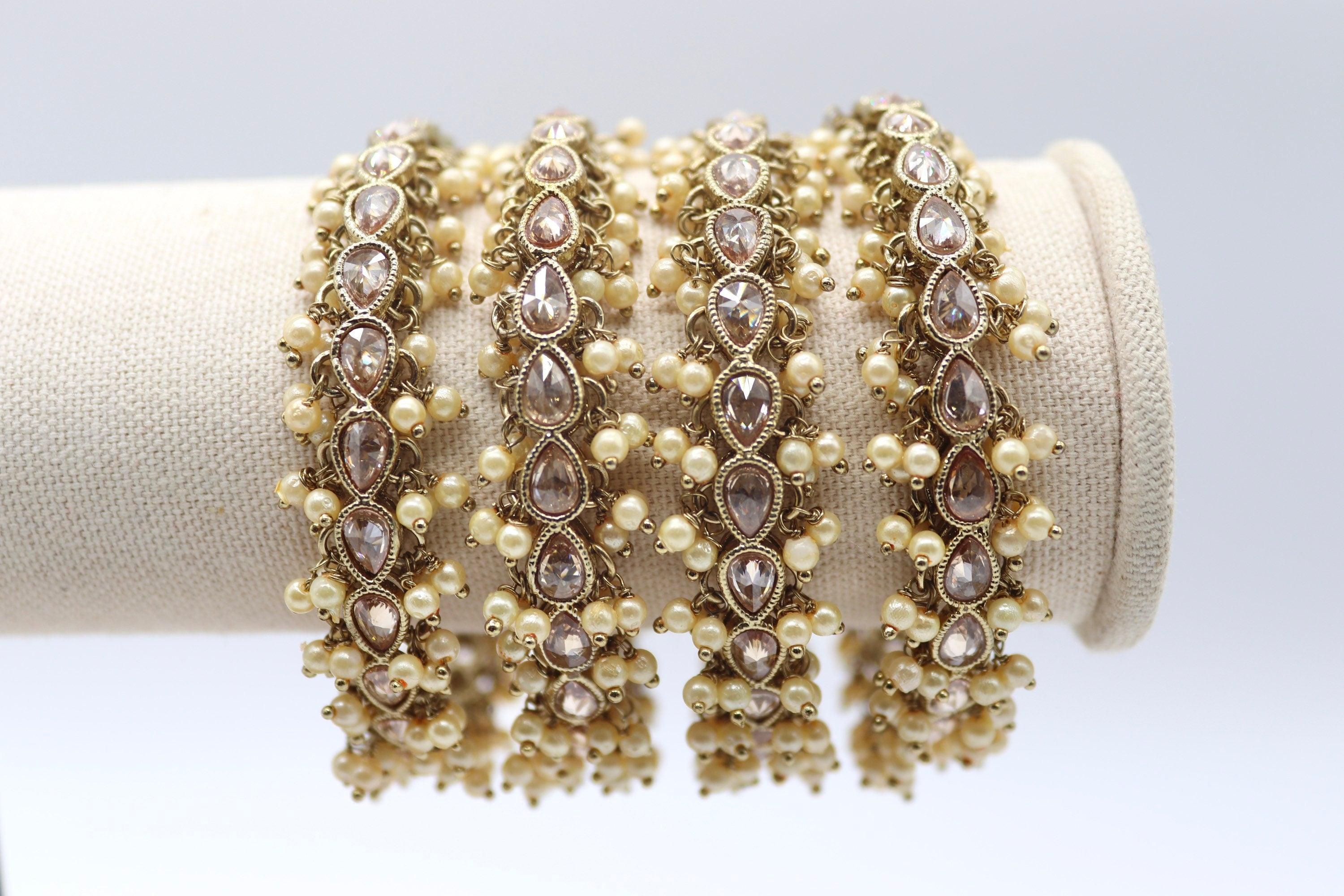 Polki Pearl Bangle Set of 4 • Kundan Bangle • Indian Bangle • Pakistani Bangle Punjabi Jewelry • Punjabi Bangle • Gold Polki Bangle