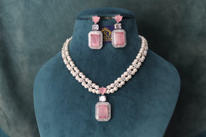 Pearl Diamond Necklace Statement Jewelry American Diamond Statement Necklace Indian Jewelry Pink CZ Necklace Indian Necklace